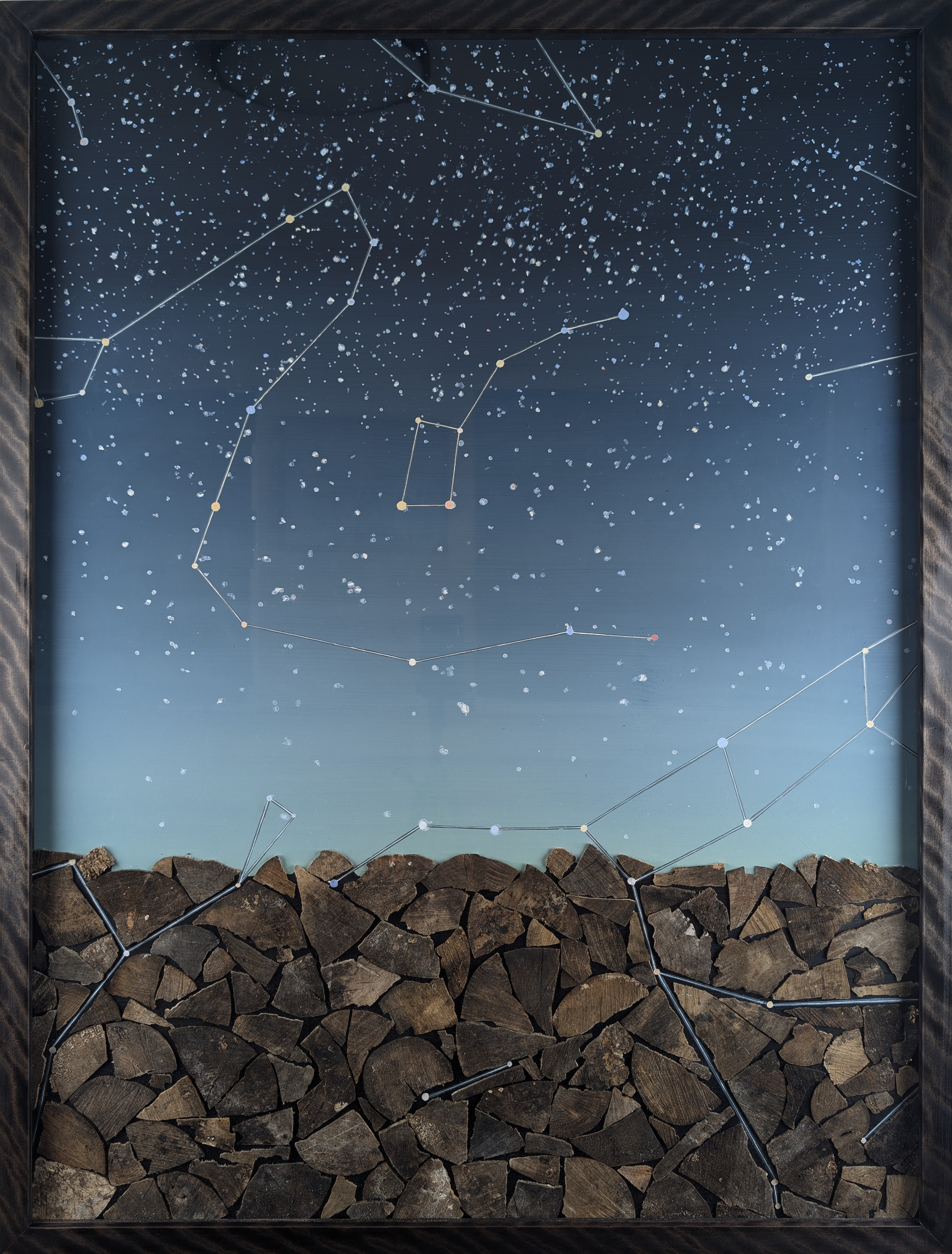 Firewood Series - Triptych Panel 2 - 2024 - Oil on Panel, Firewood - Figured Birch Frame by Artist - 30" x 50"