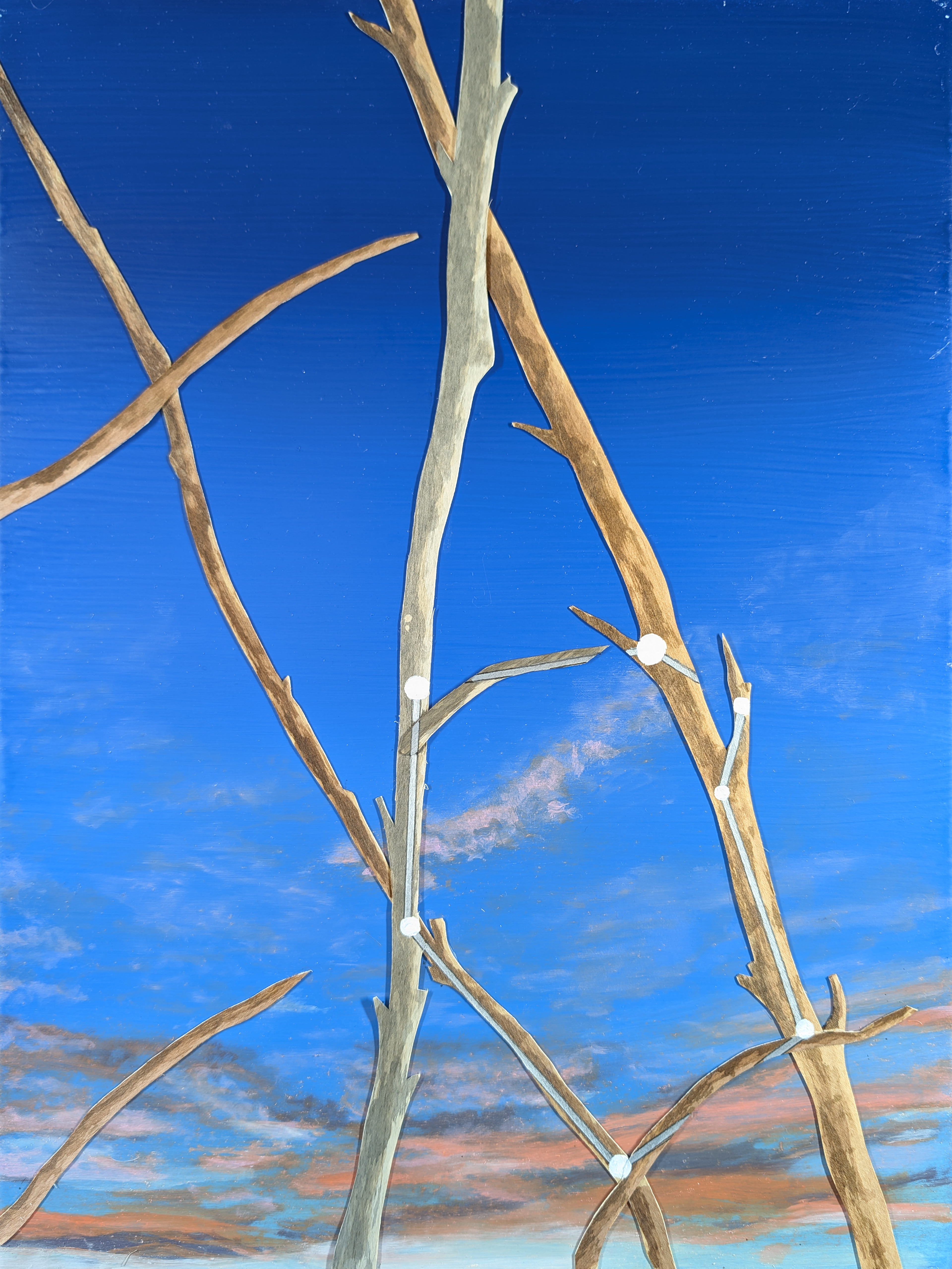 The 88 Asterisms - Charioteer - 2025 - Oil, Wood Branches, Ink - 16" x 12"