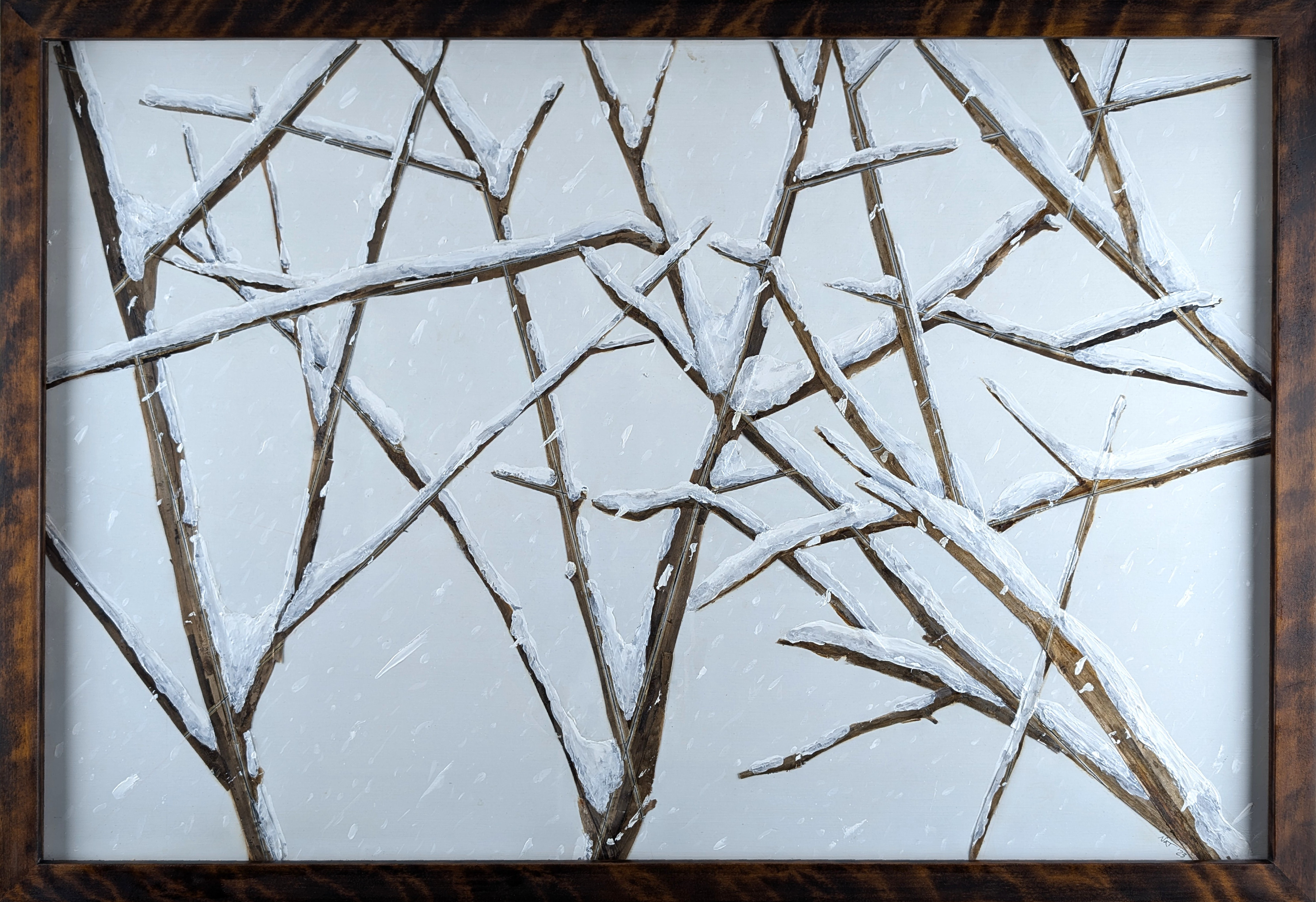 Recognition Series - Large Format No. 2 of 2 - 2023 - Acrylic on Panel, Wood Branches, Ink - Figured Birch Frame by Artist - 38 1/4" x 26 1/4"