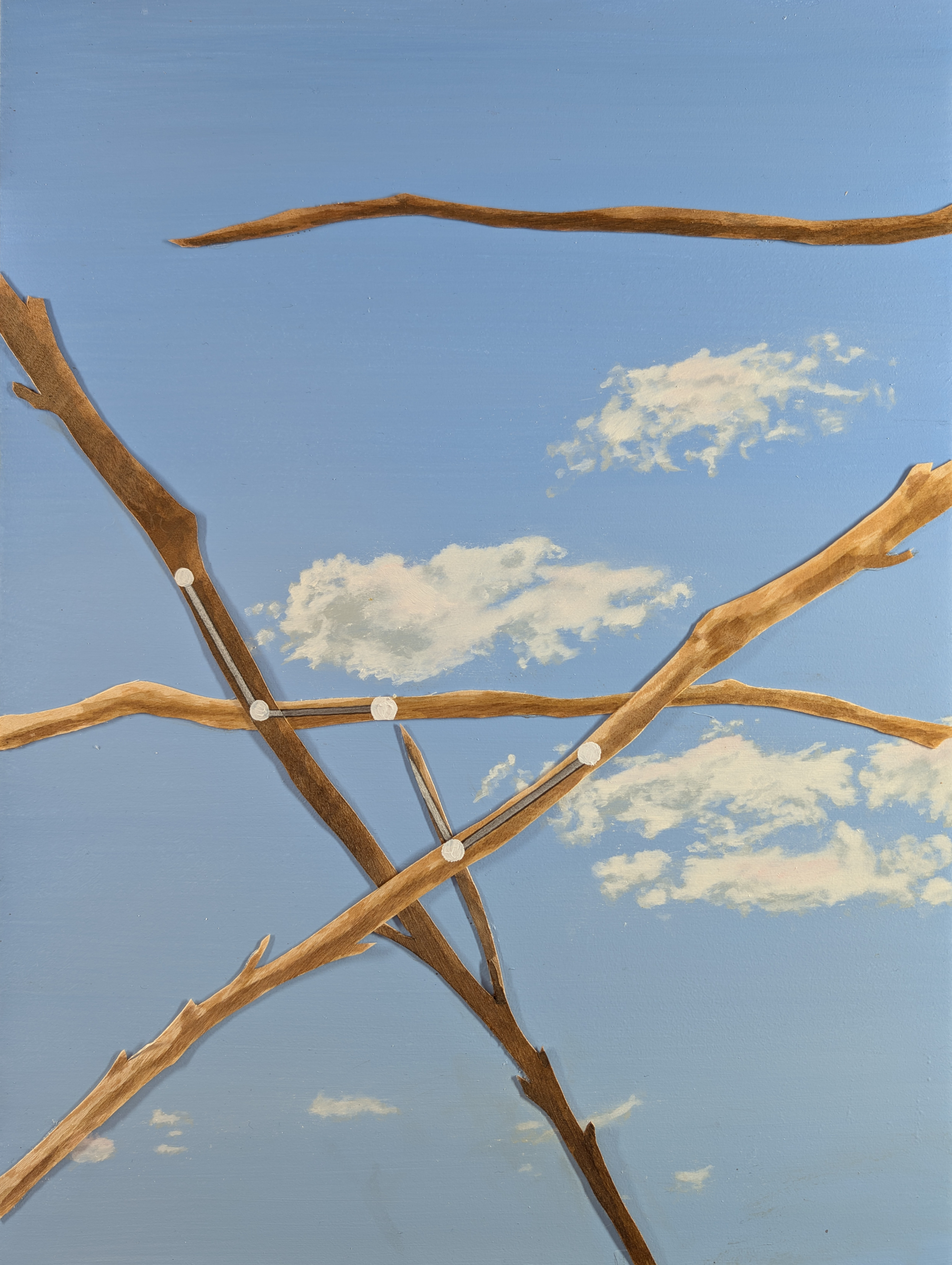 The 88 Asterisms - Cassiopeia - 2025 - Oil, Wood Branches, Ink - 16" x 12"
