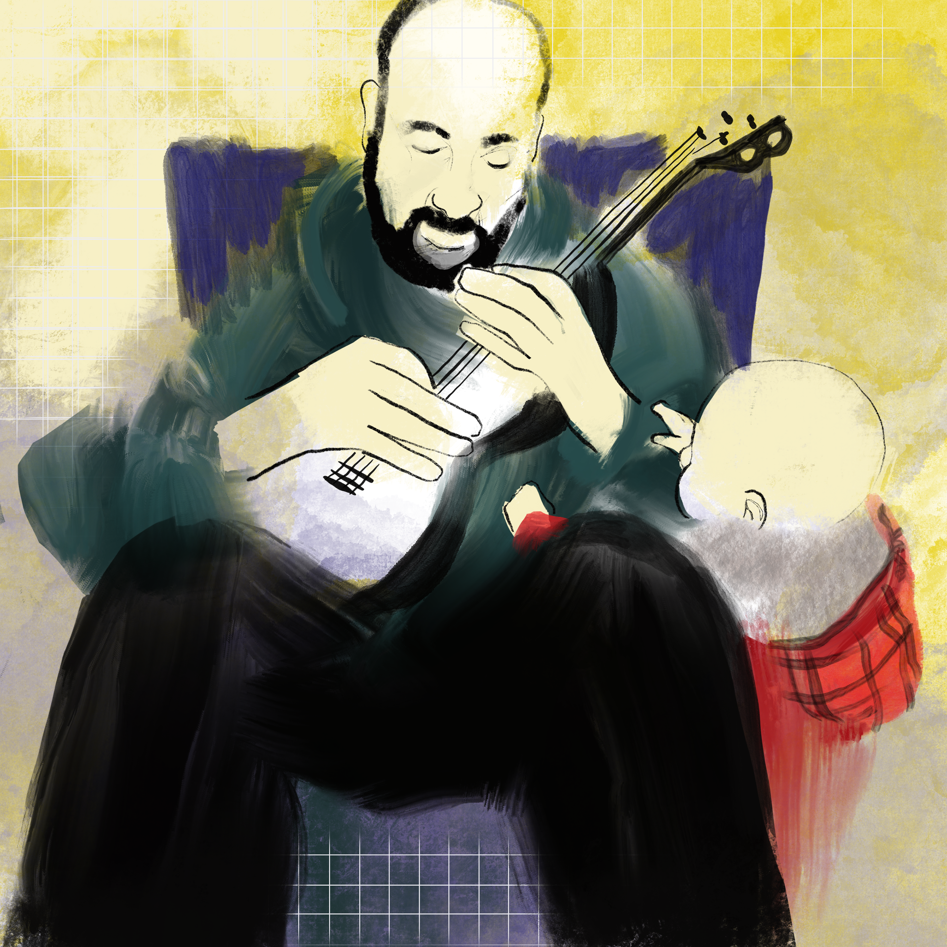 illustration father playing guitar toddler child