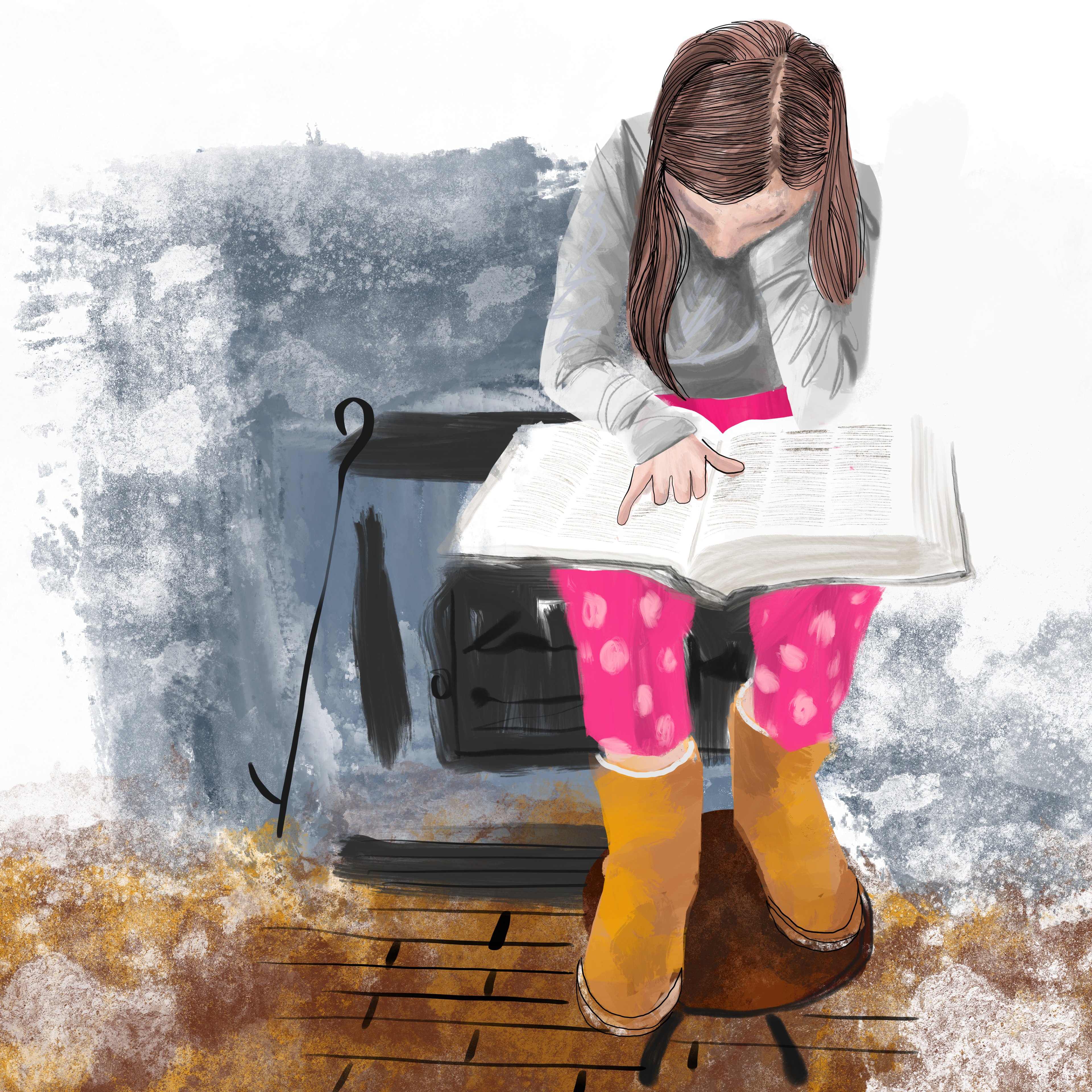 painting young girl reading dictionary covid quarantine
