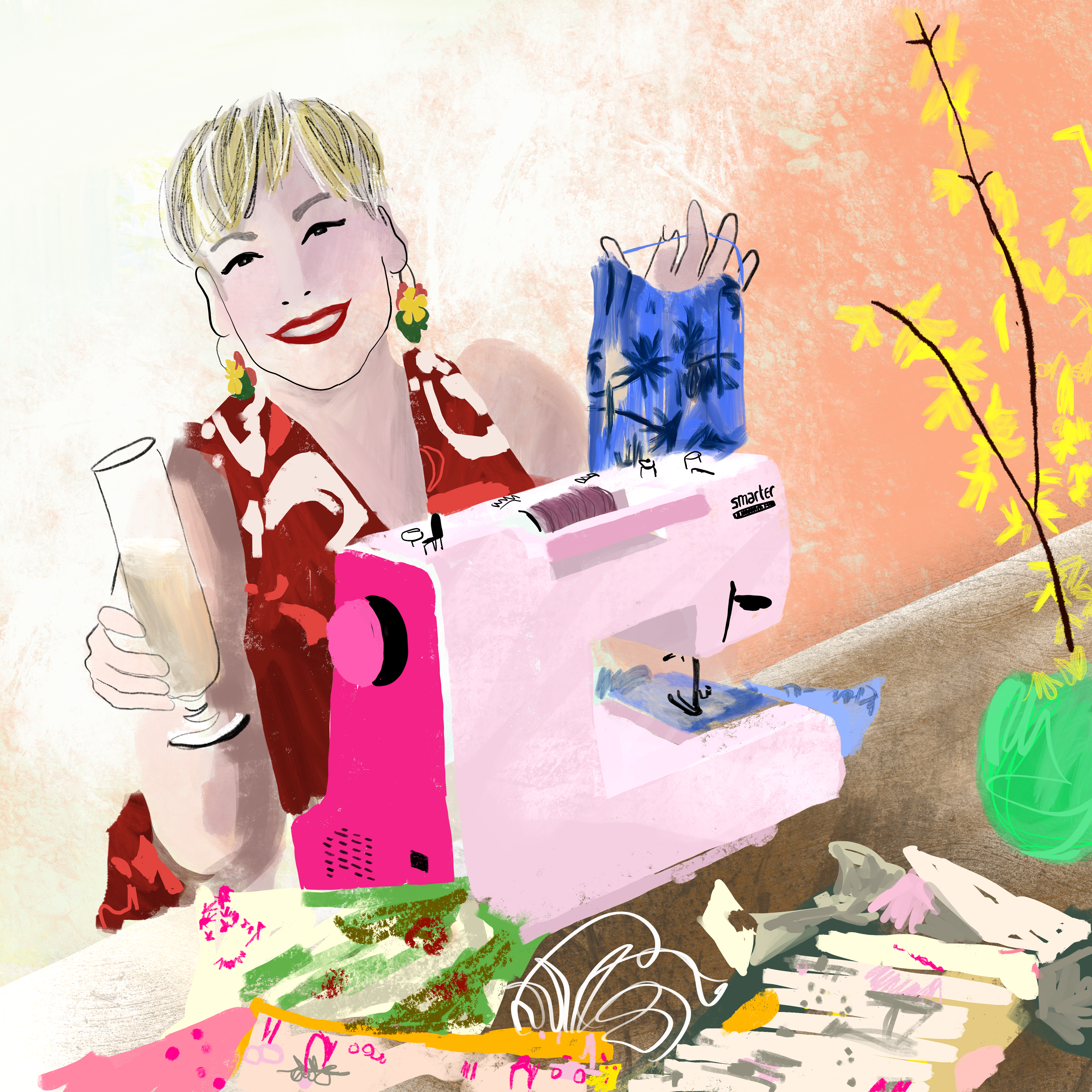 painting woman sewing masks covid quarantine champagne