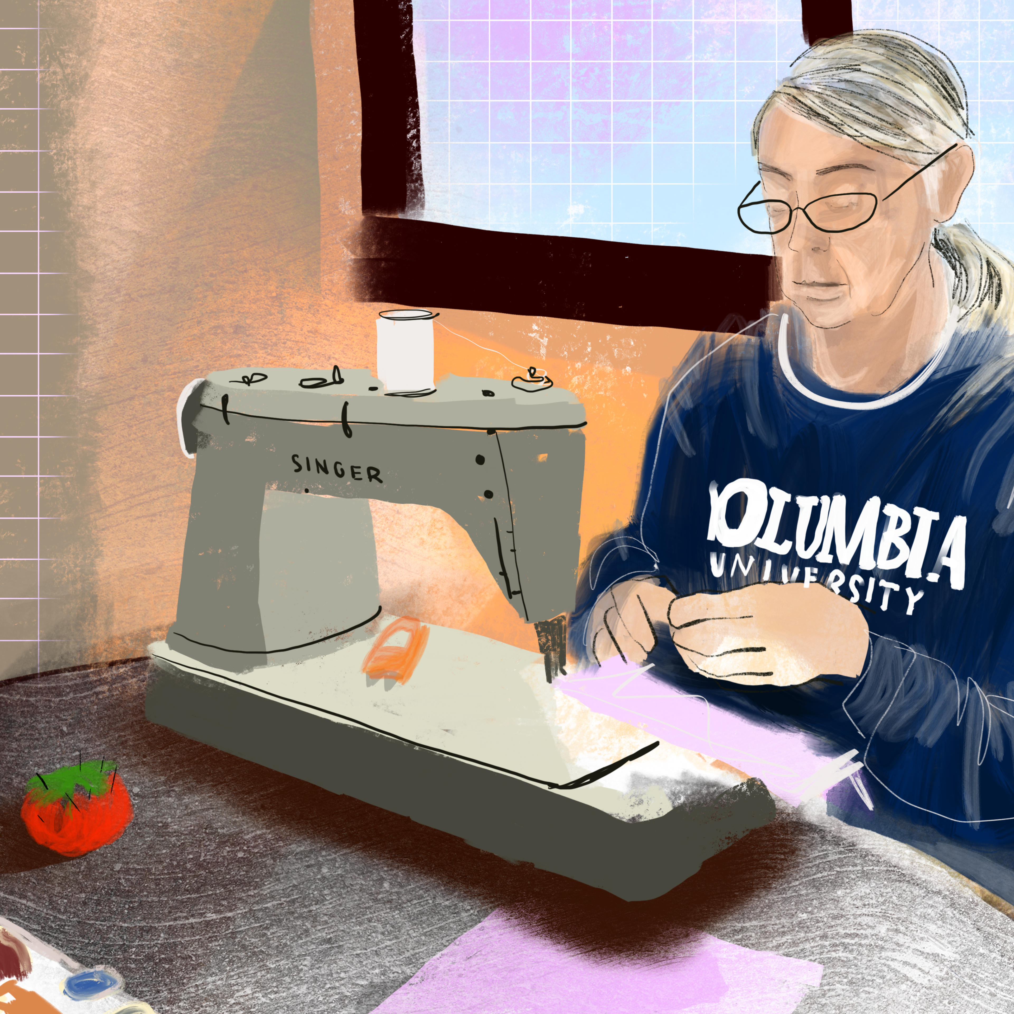 painting older woman at sewing machine covid quarantine