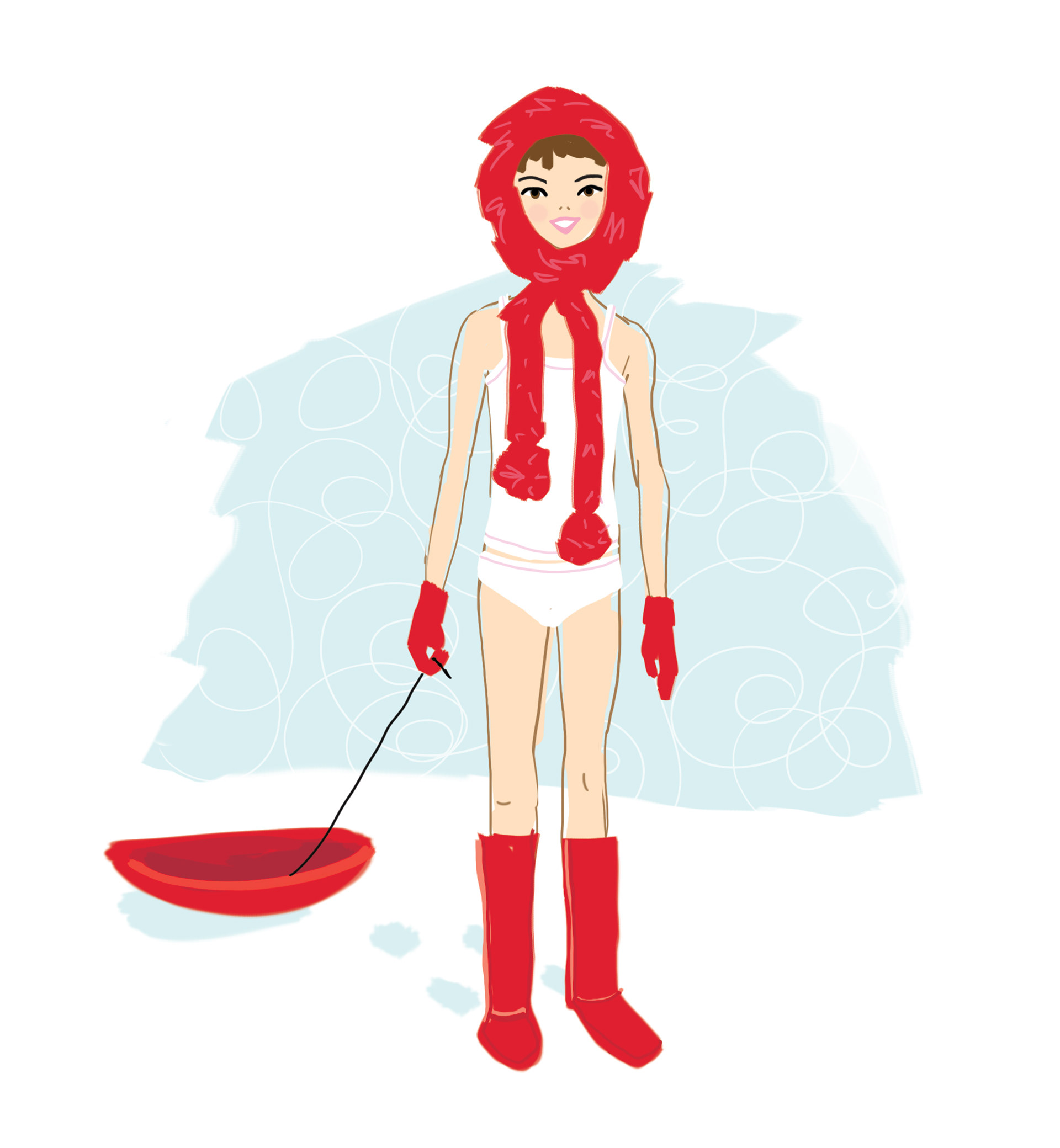 Digital illustration of a girl outdoors in snow with a sled