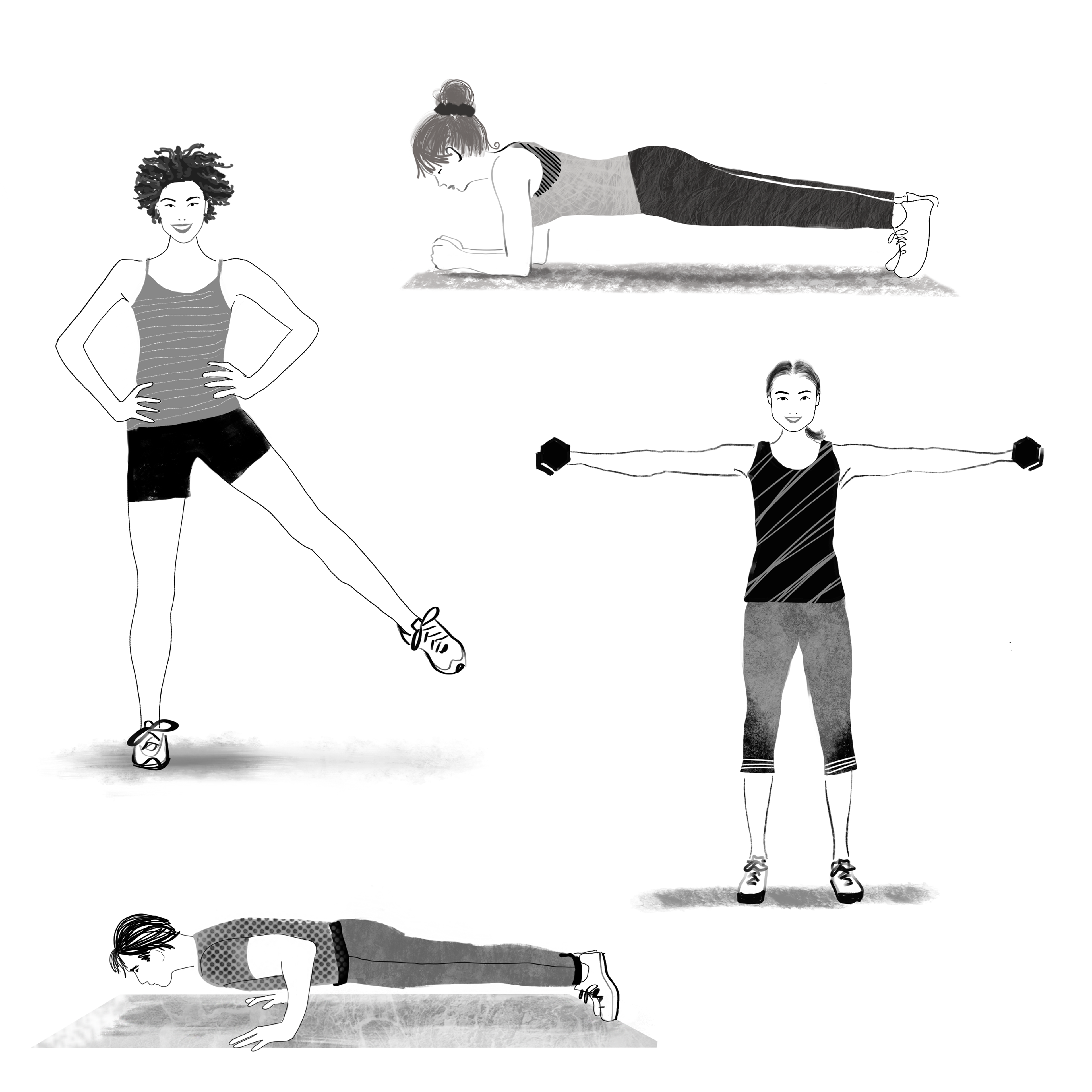 digital illustrations of people exercising black and white