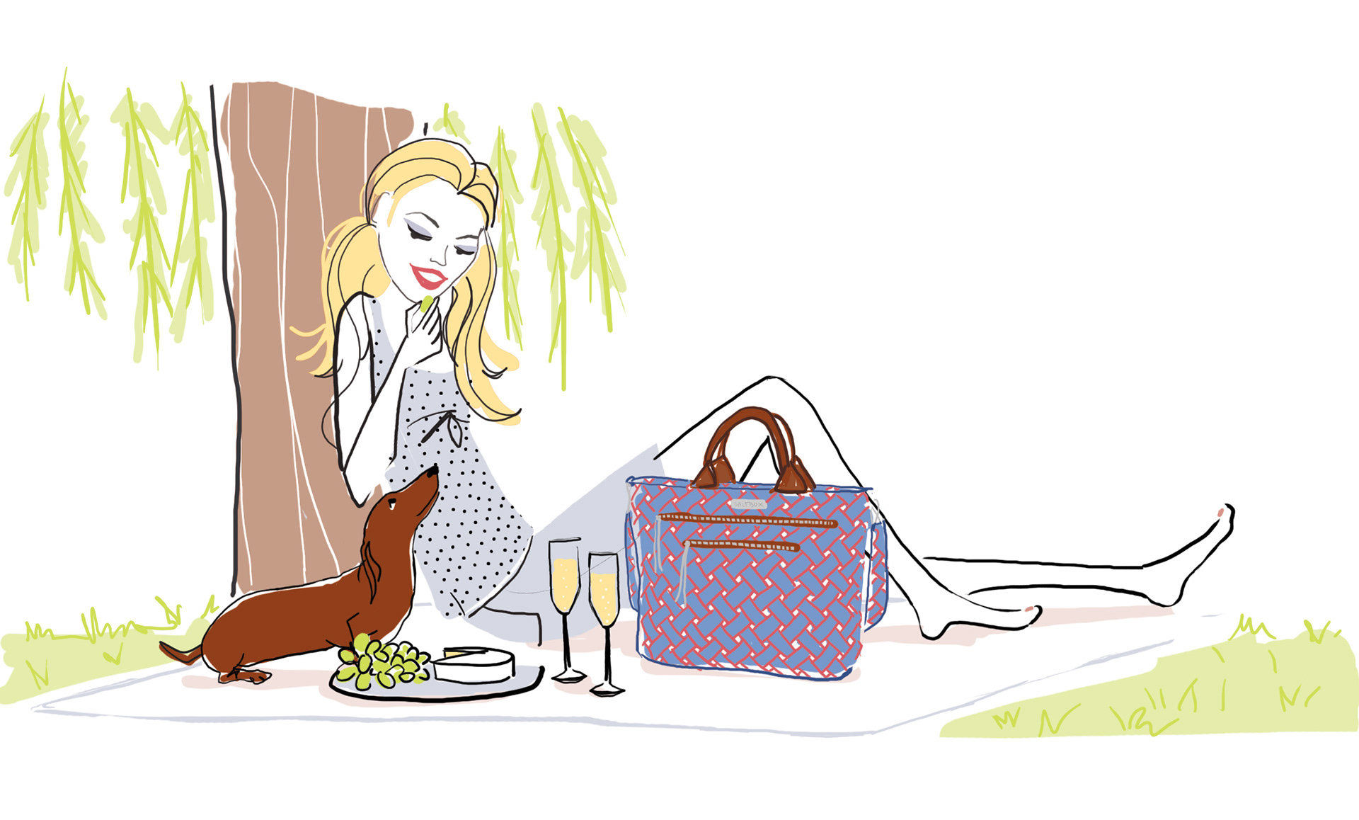 digital illustration of a woman on a picnic relaxing outdoors with a dog