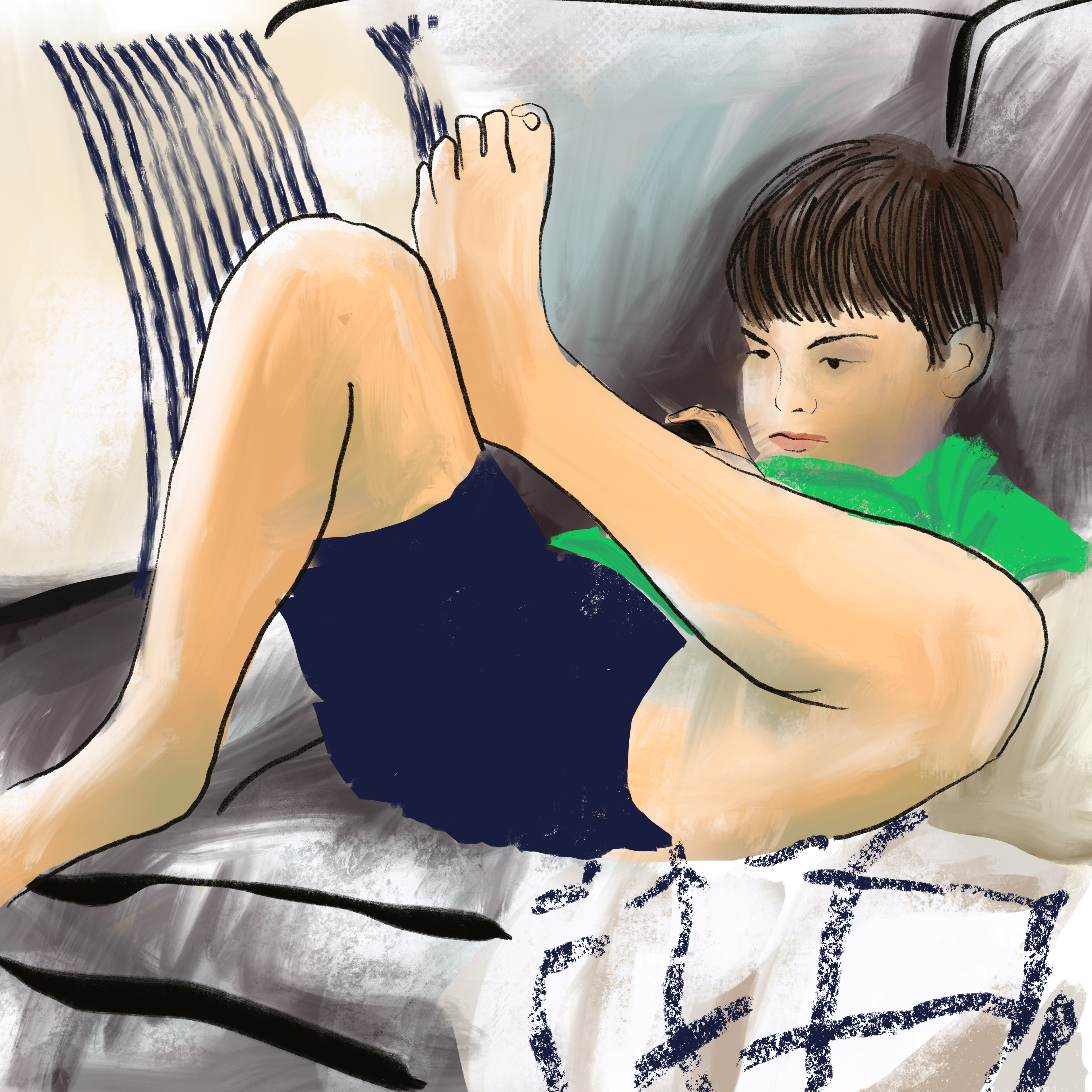 painting young boy on couch playing a game on his phone