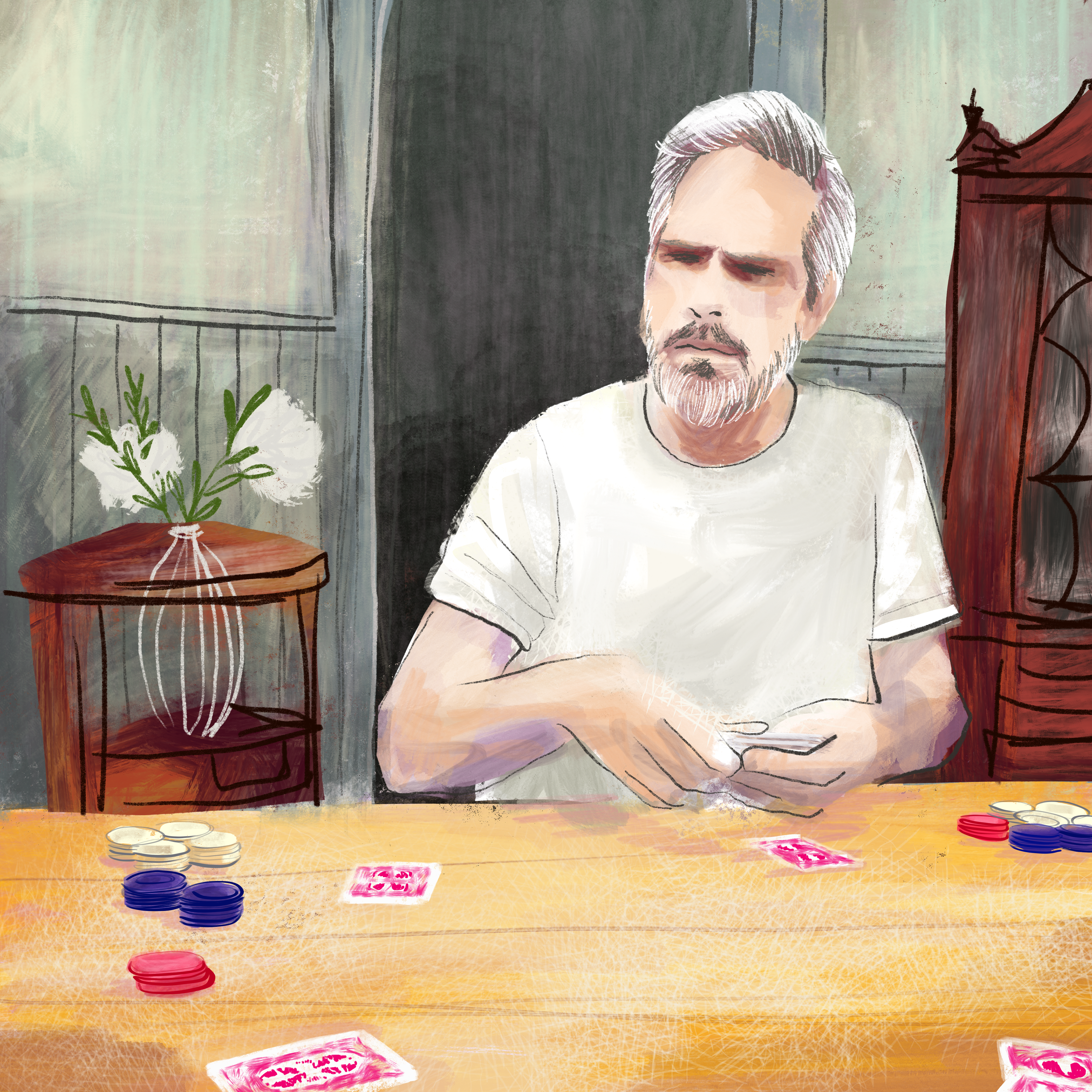 painting of a man playing cards at a table