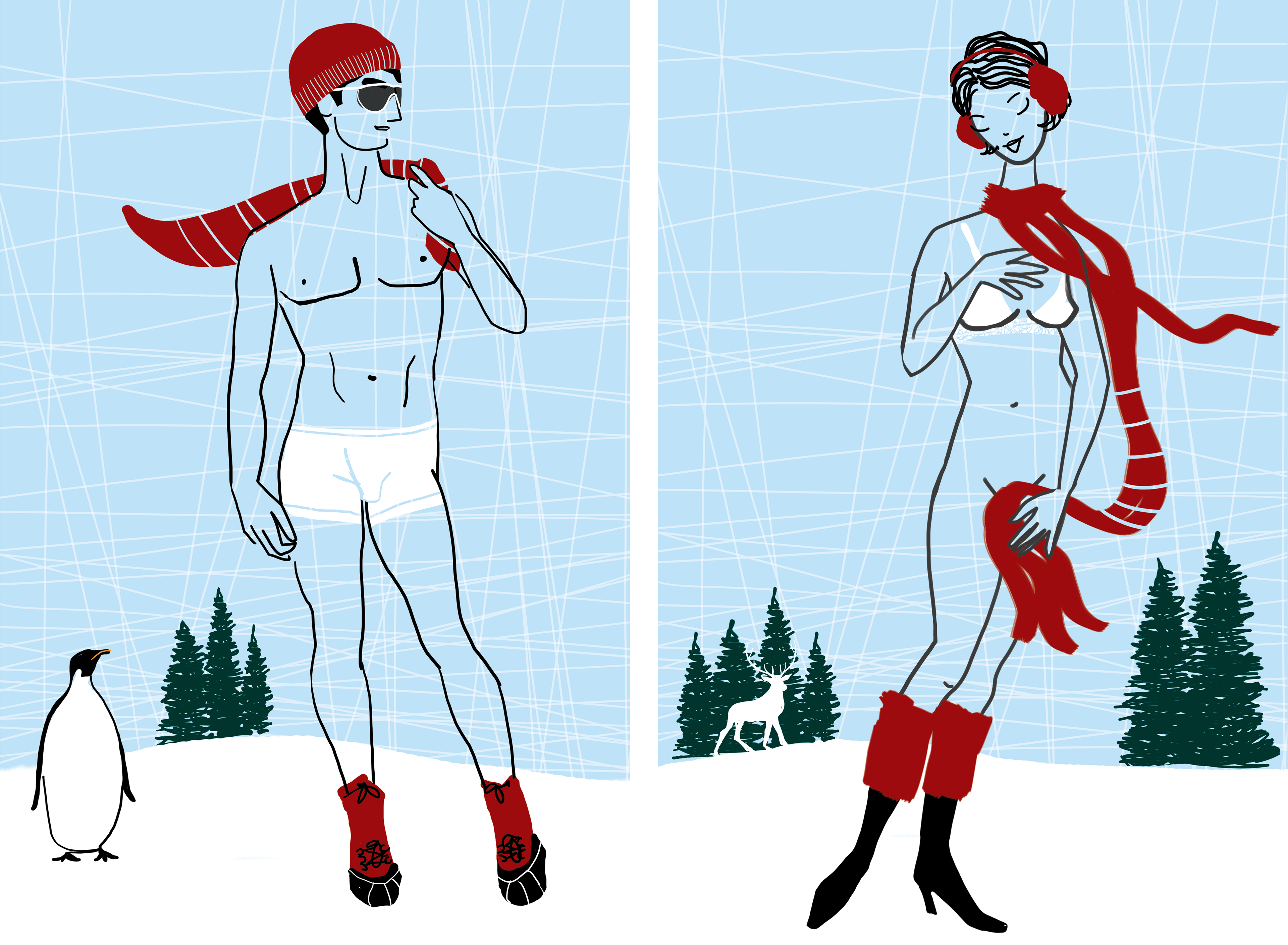 digital illustrations of venus and david in underwear outdoors in snow