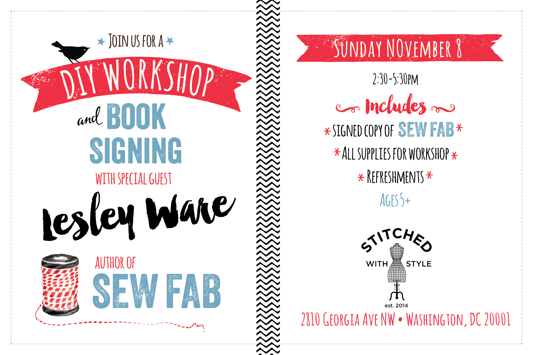 SEW FAB book promo postcard invite