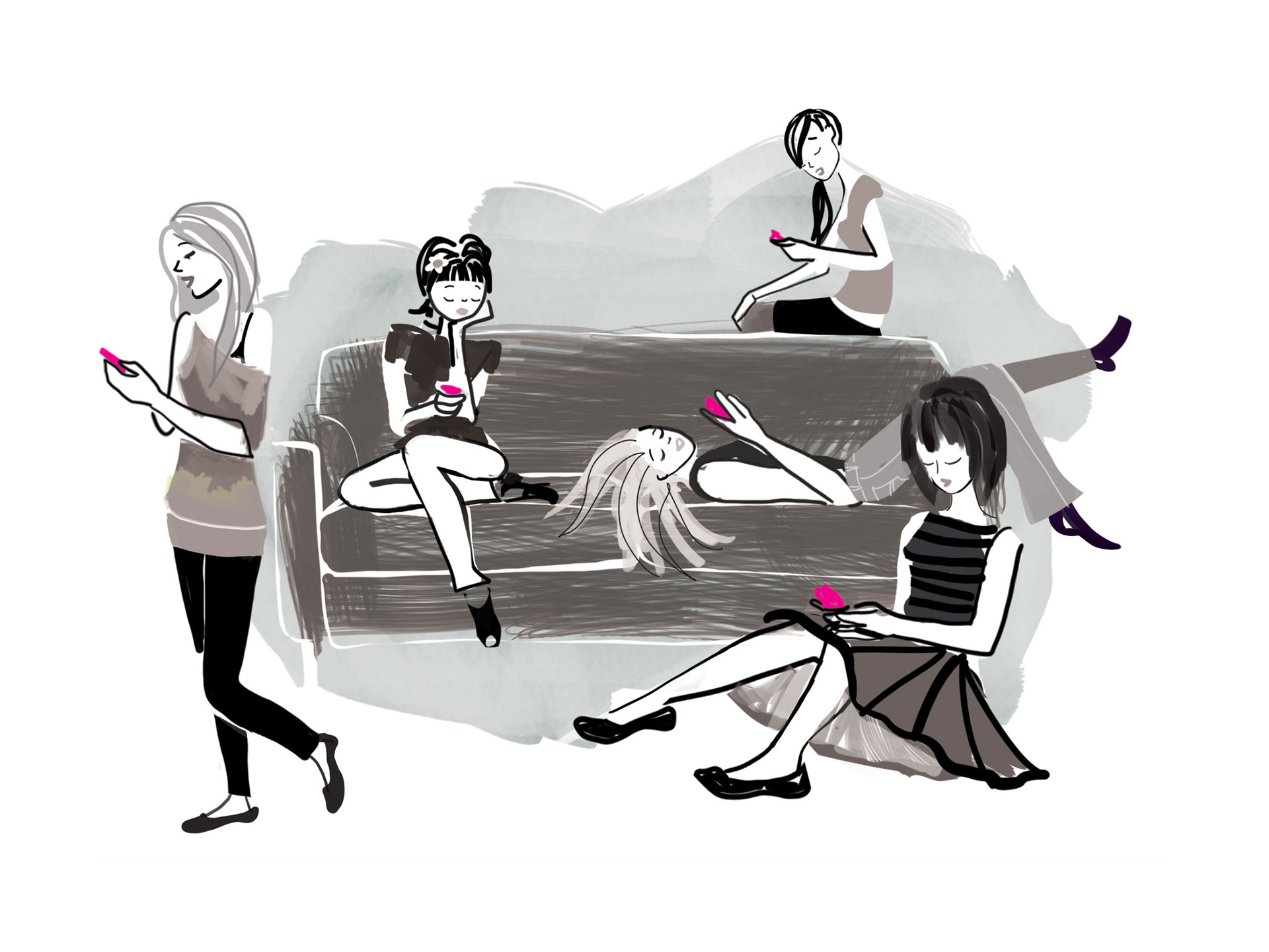 Digital illustration of 5 women looking at phones black and white