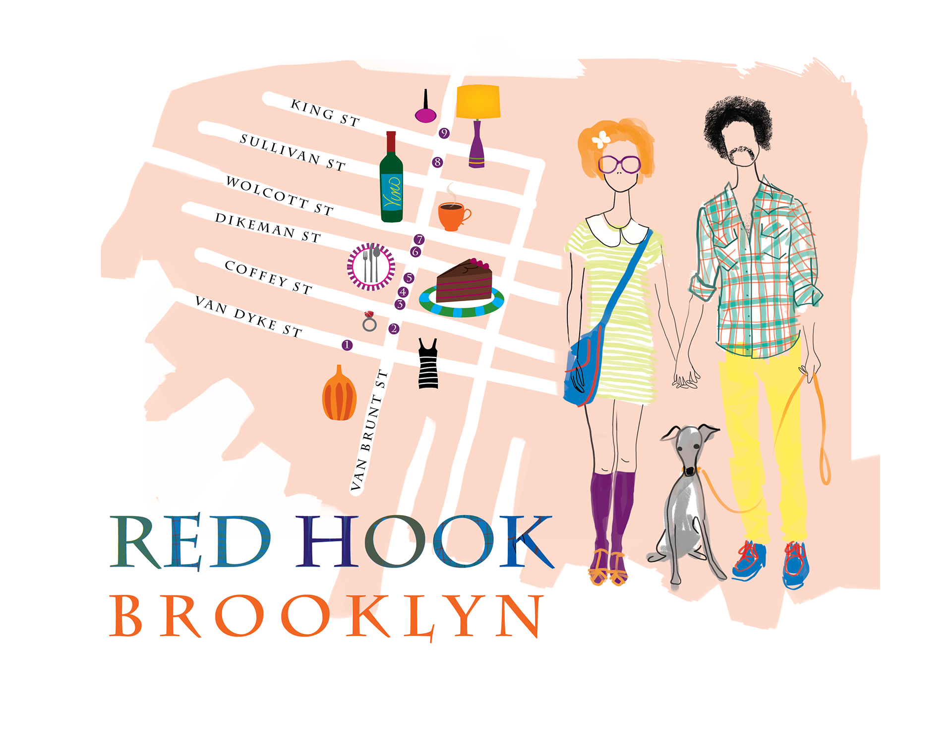 Illustrated map Brooklyn hipster couple icon illustration