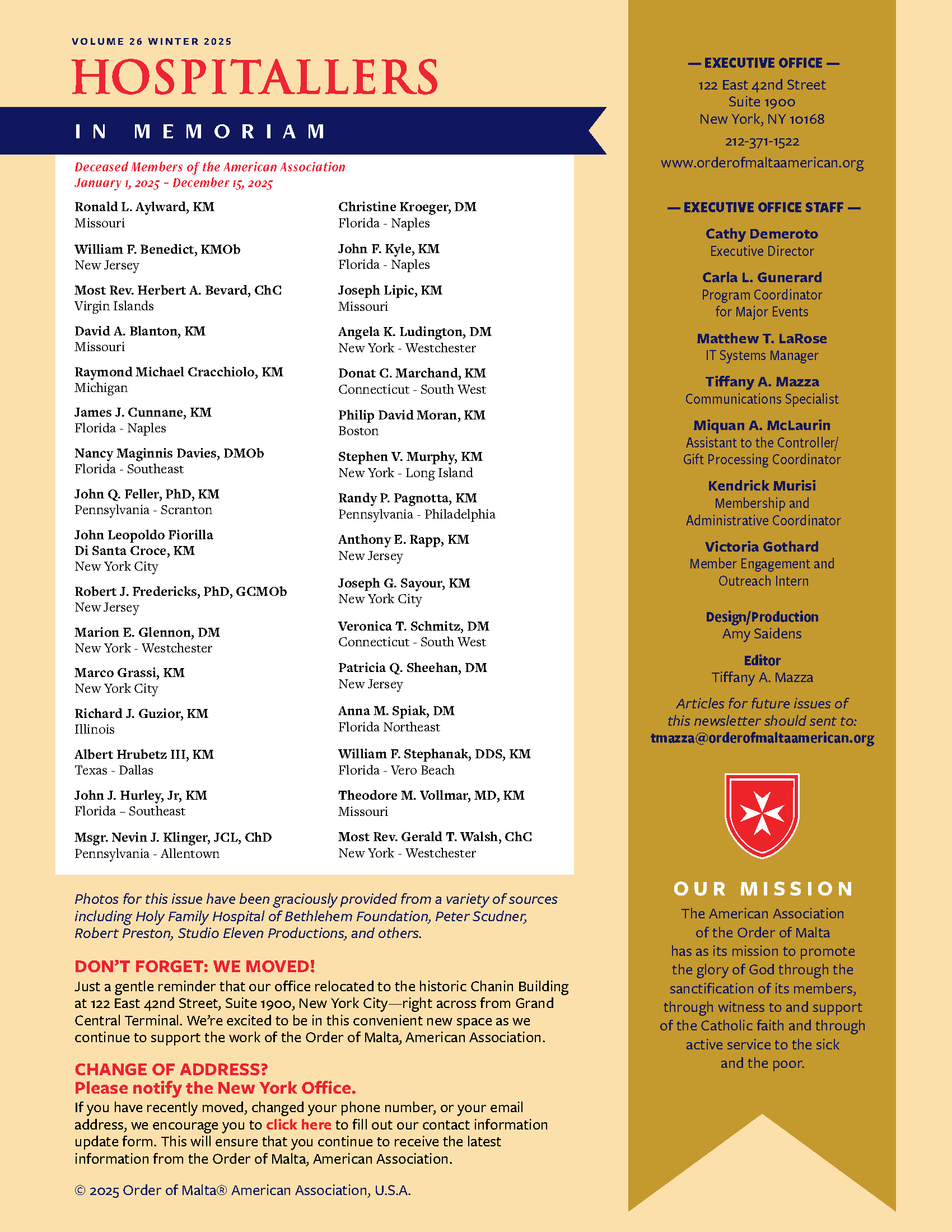 HOSPITALLERS newsletter back page with masthead