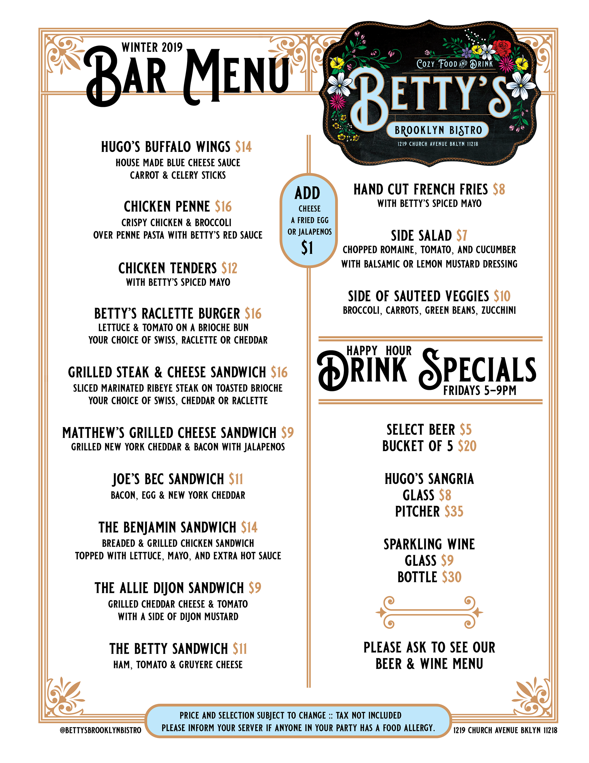BETTY'S | Winter Bar Menu