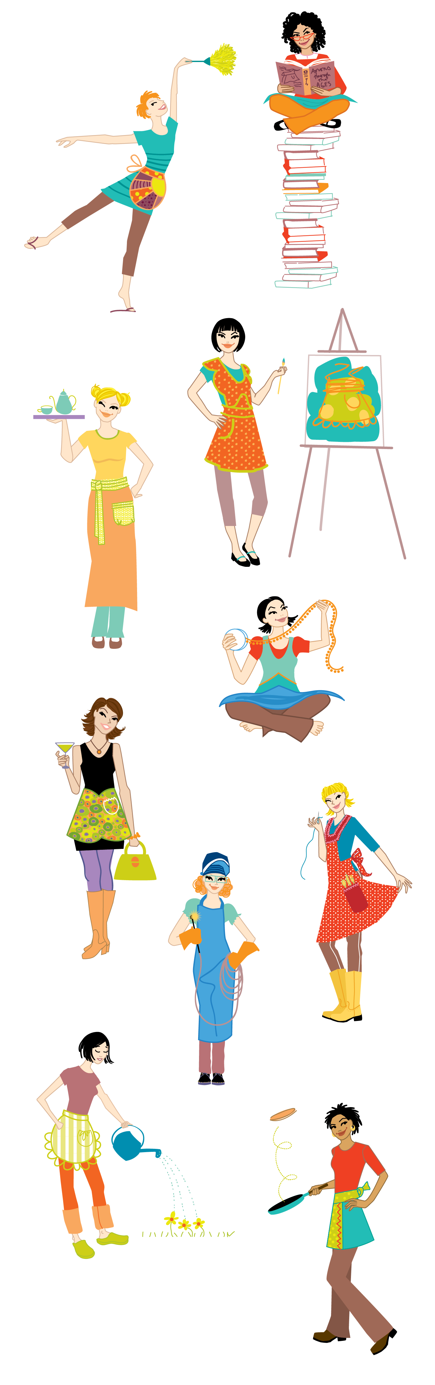 Digital illustration woman reading cooking gardening painting cleaning welding waitress