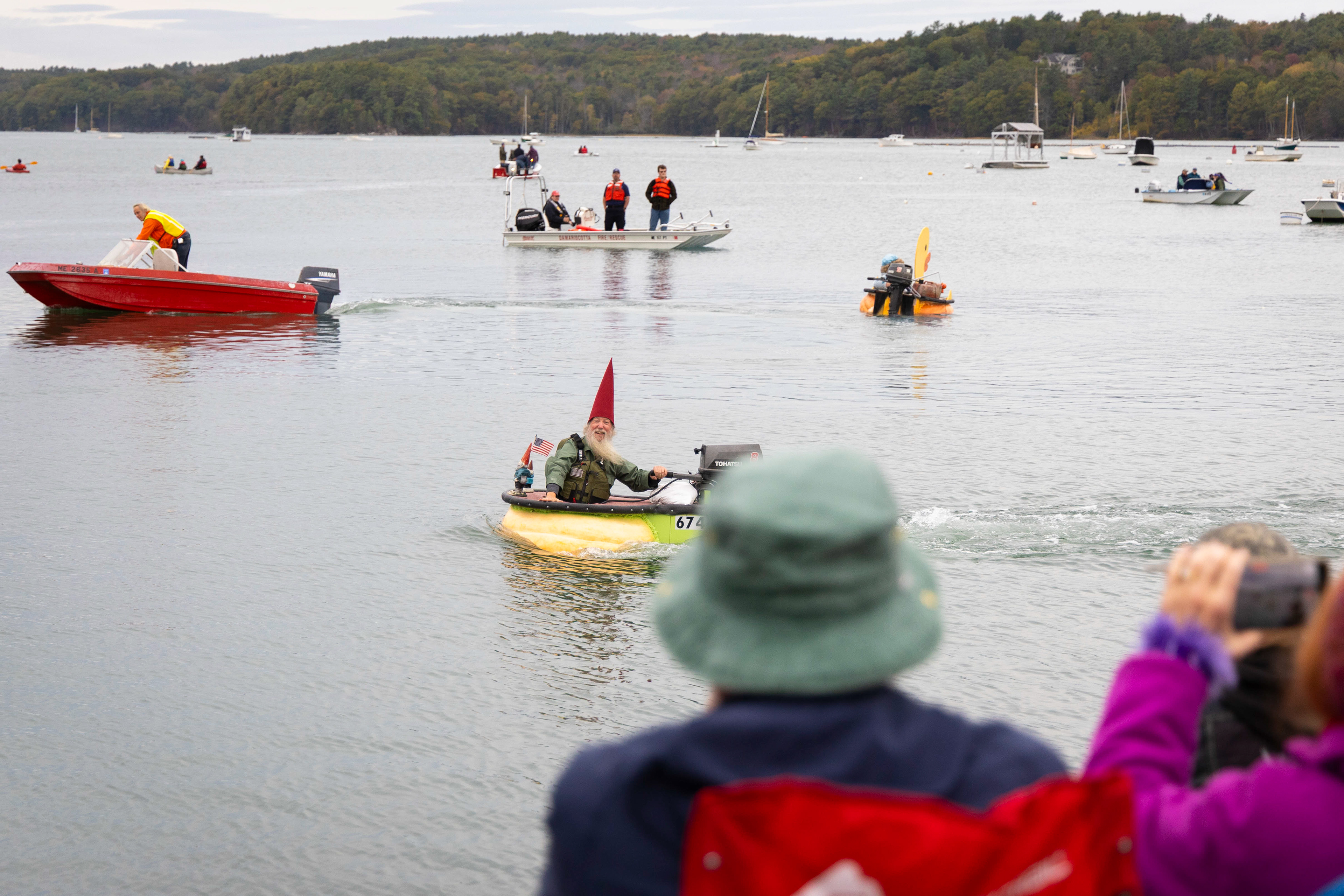Lishness captains this years pumpkin boat "Fiona," the lightest ever pumpkin motorboat to compete in the regatta, weighing in at 674 pounds.