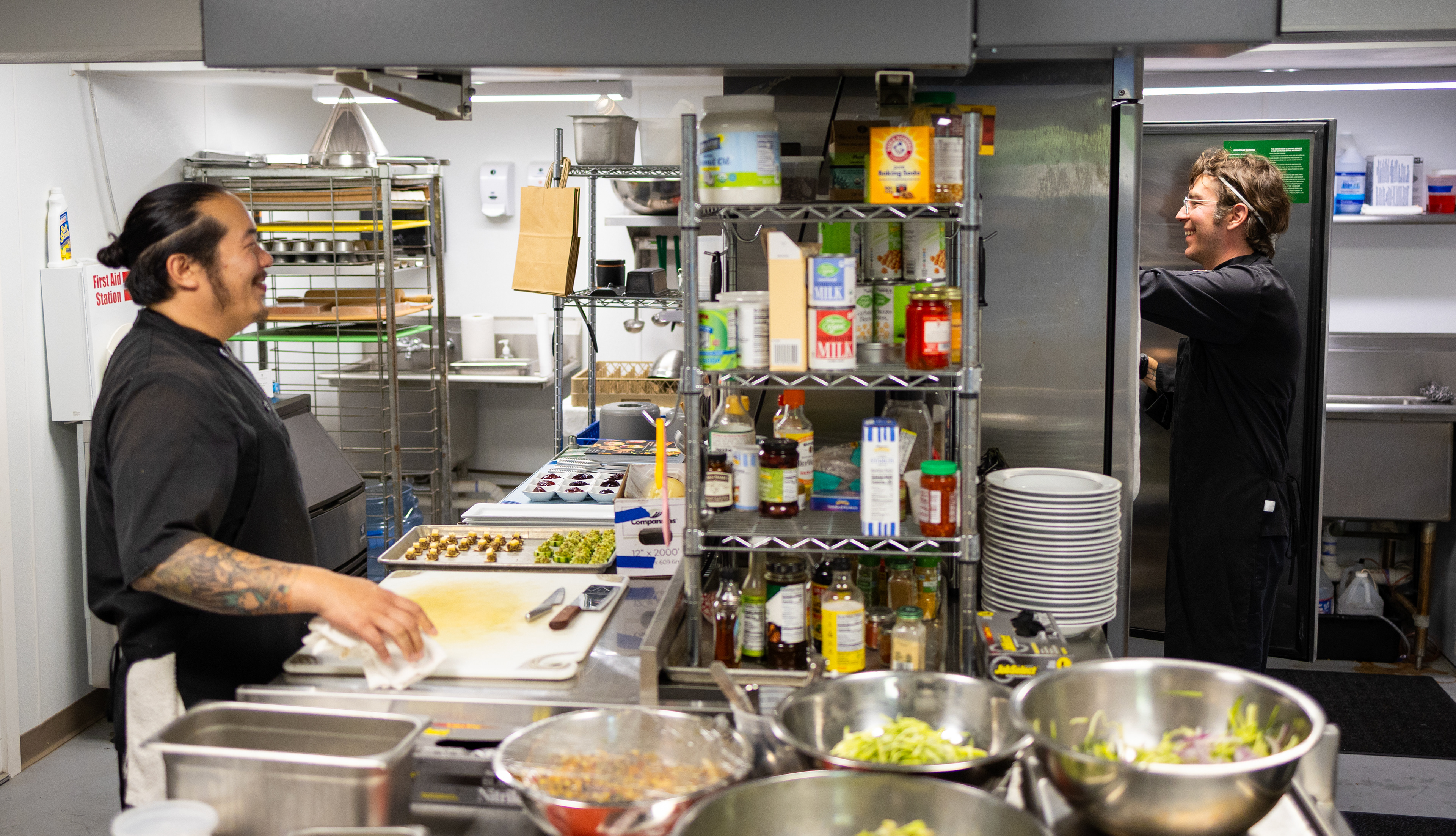 Sous Chef Dan Wongprapan and Shropshire prepare for dinner service on July 23, 2025 in the kitchen of the President’s Cottage.