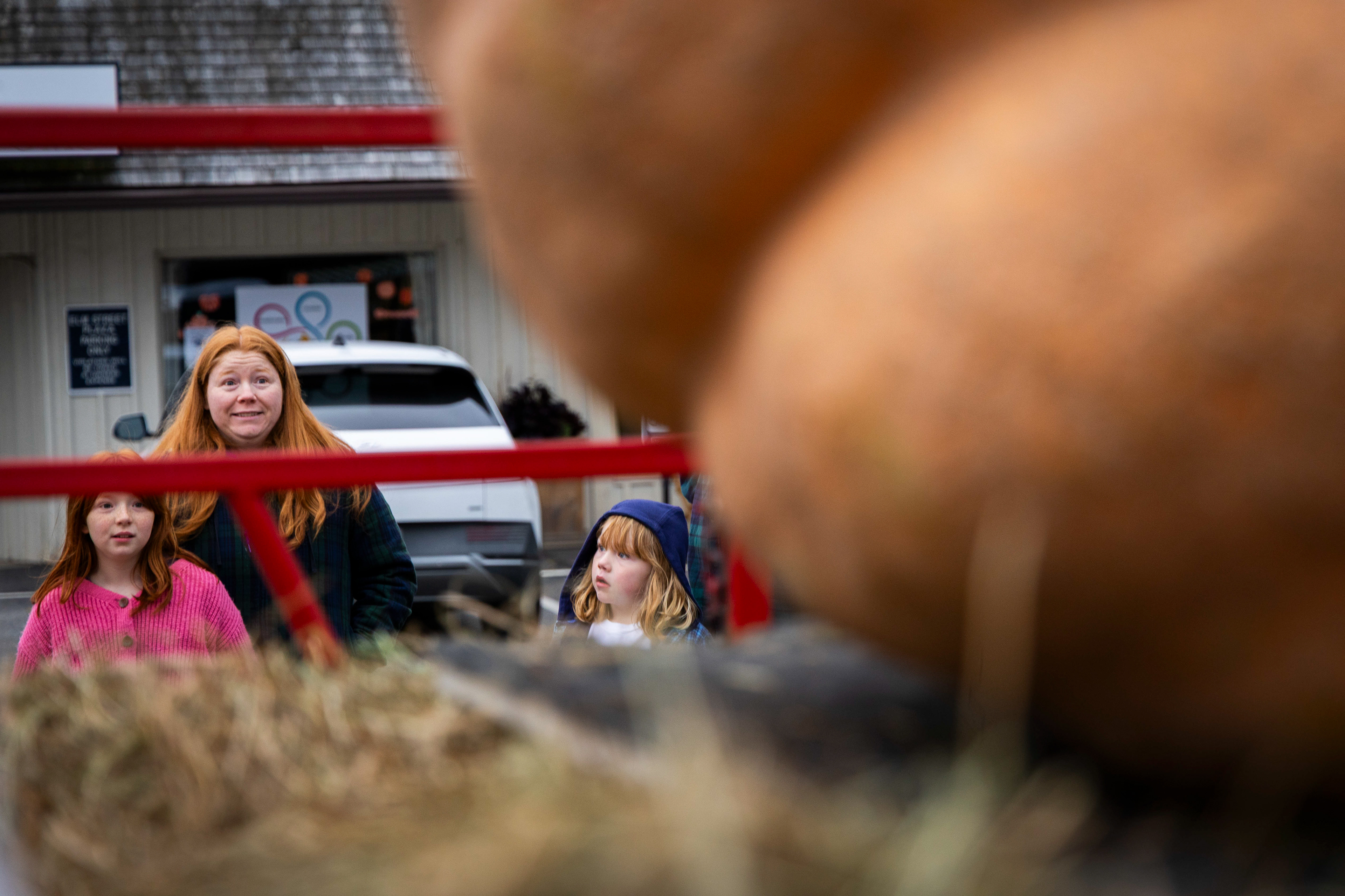 A mother and her two children observe the award winning largest pumpkin at the festival, officially weighing in at 1,624.5 pounds.