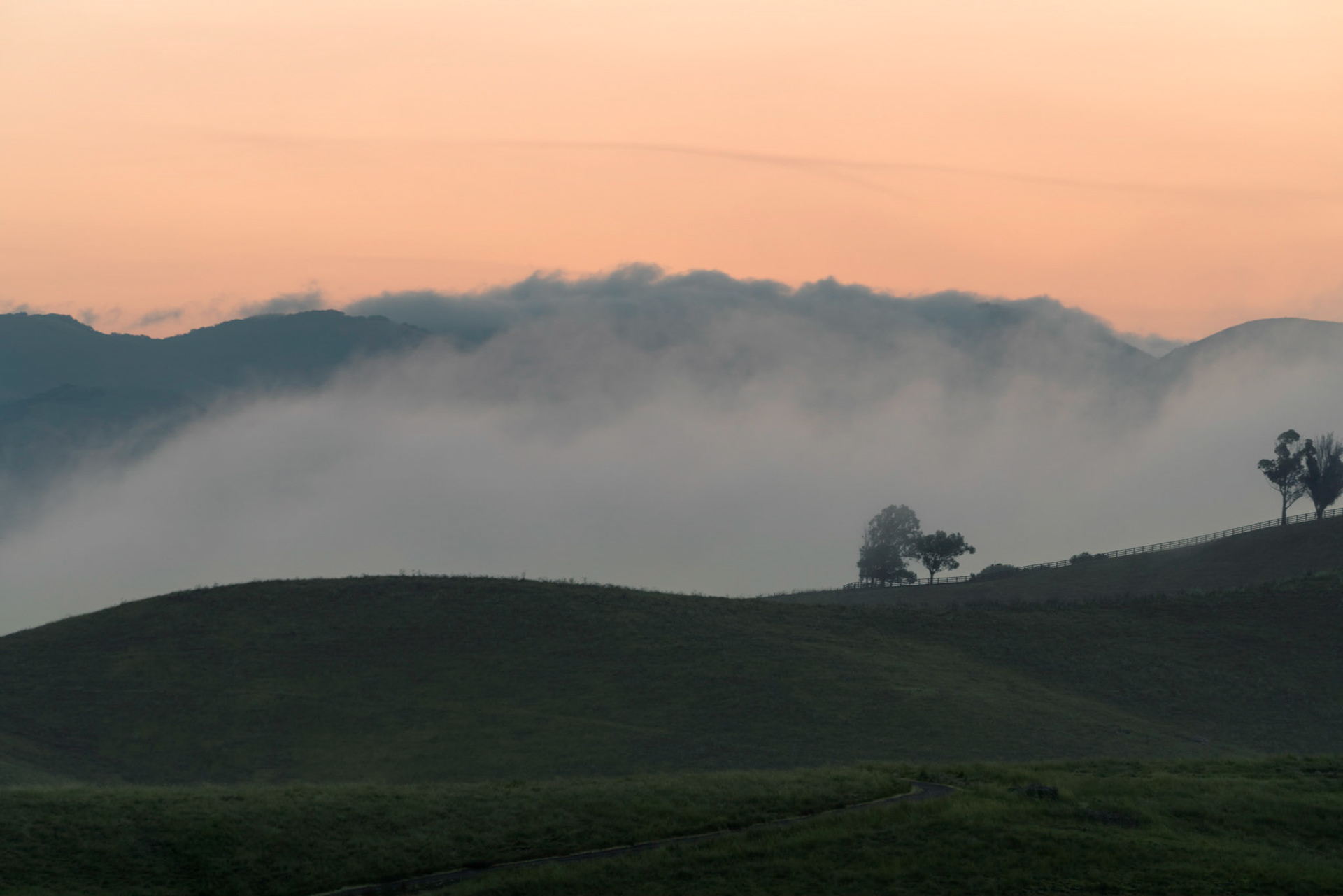 Slower shutter speed captured the soft flow of clouds over the distant hills. The sun rising behind the south eastern hills of San Luis Obispo created a glowing yellow and orange sky.