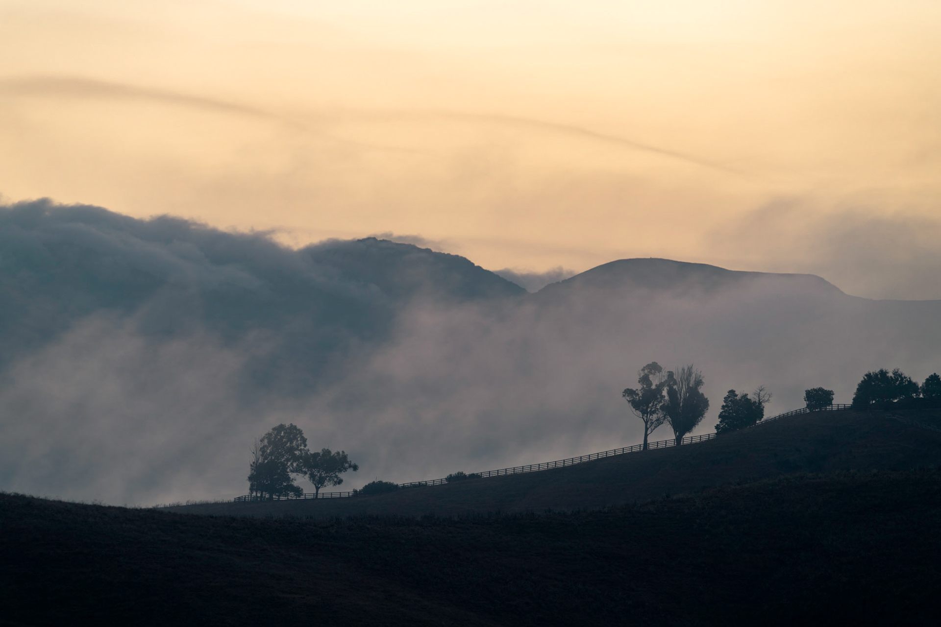 Slower shutter speed captured the soft flow of clouds over the distant hills. The sun rising behind the south eastern hills of San Luis Obispo created a glowing yellow and orange sky.