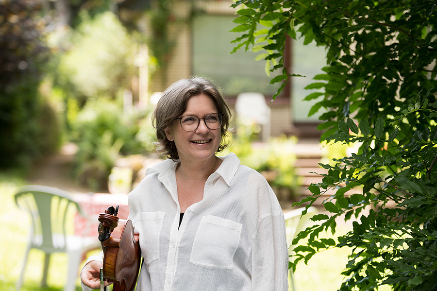 happy musician. outddor in the garden