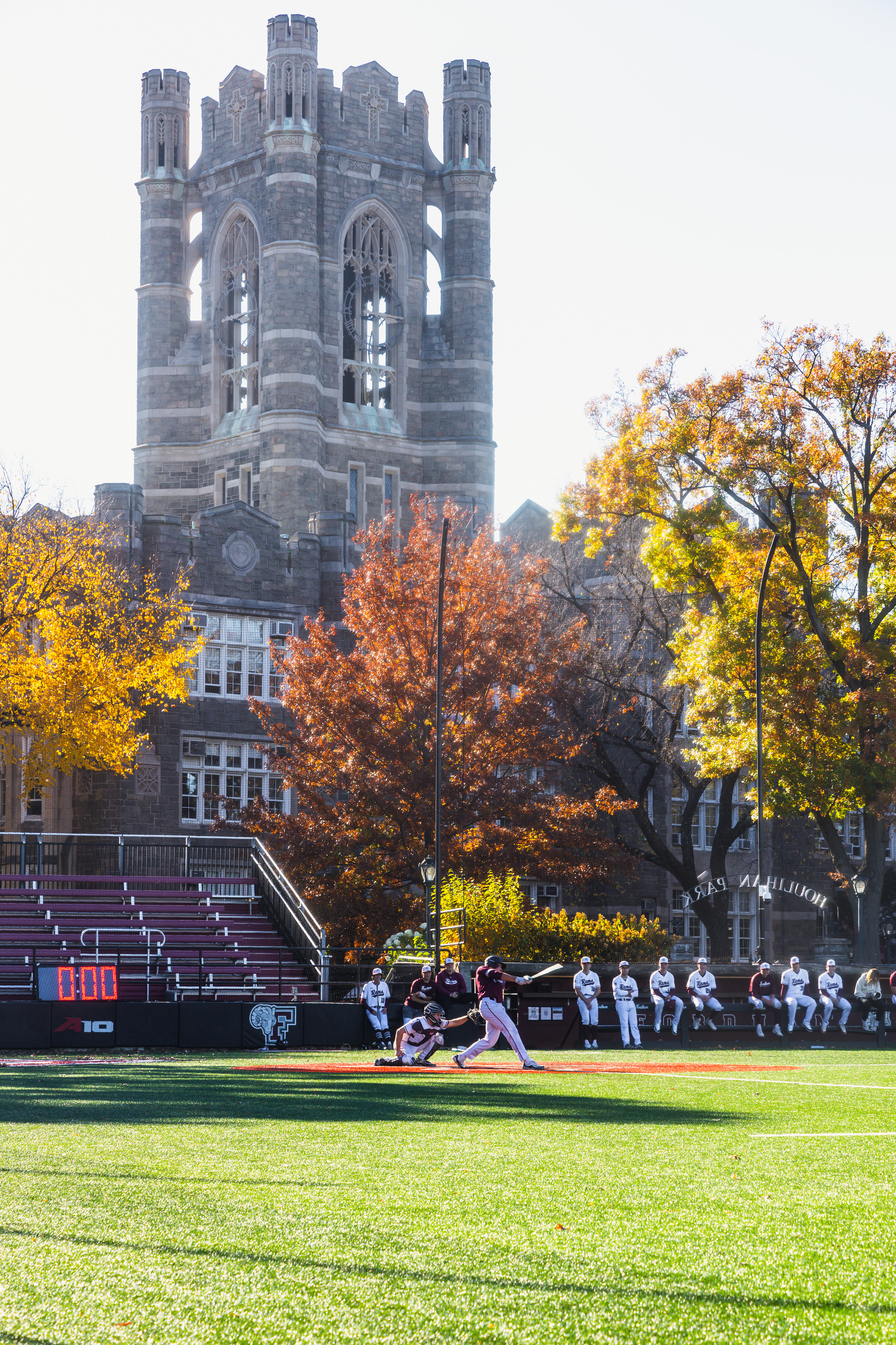 Keating Hall tower overlooks the field.