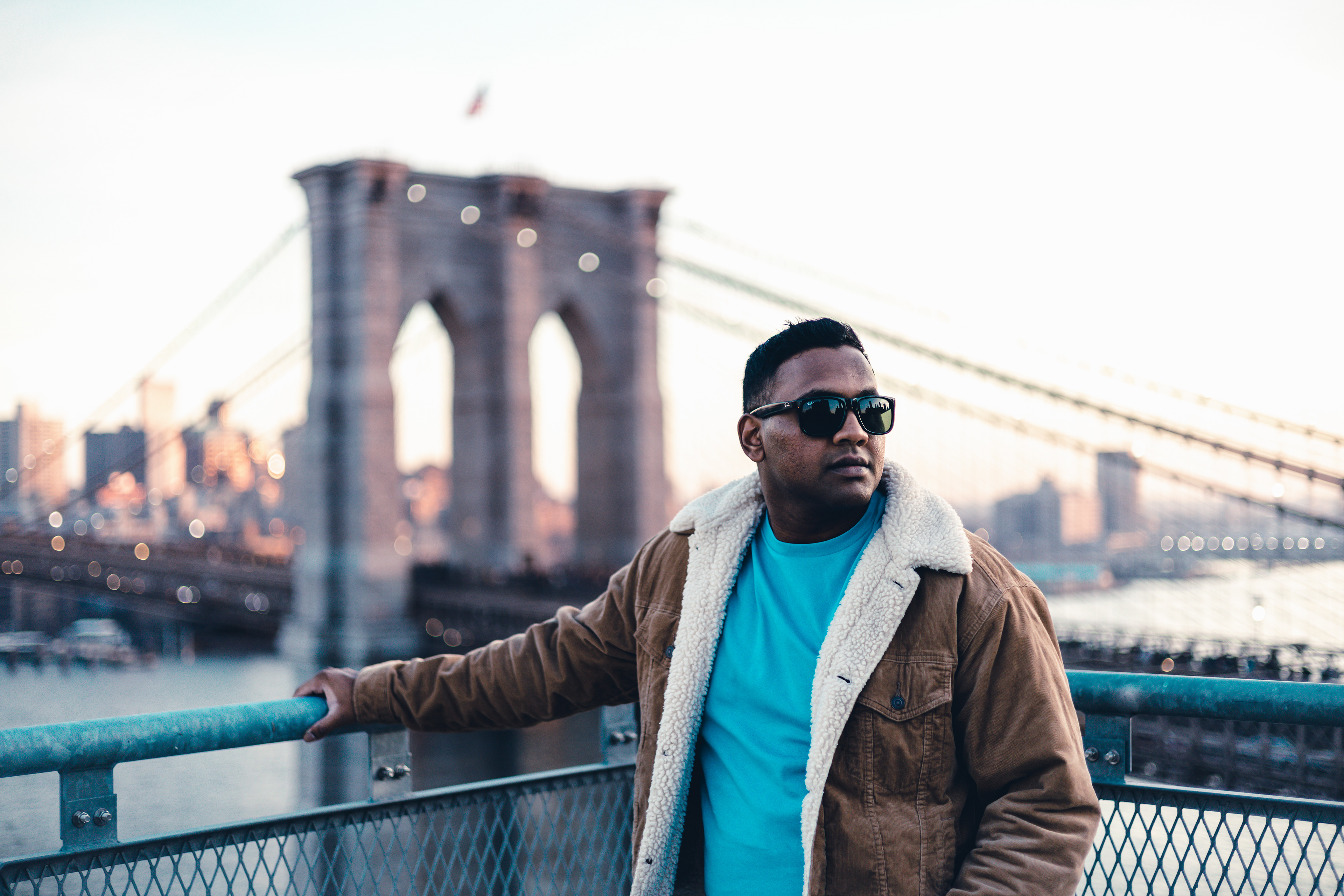 Deeraj in front of the Brooklyn Bridge.
