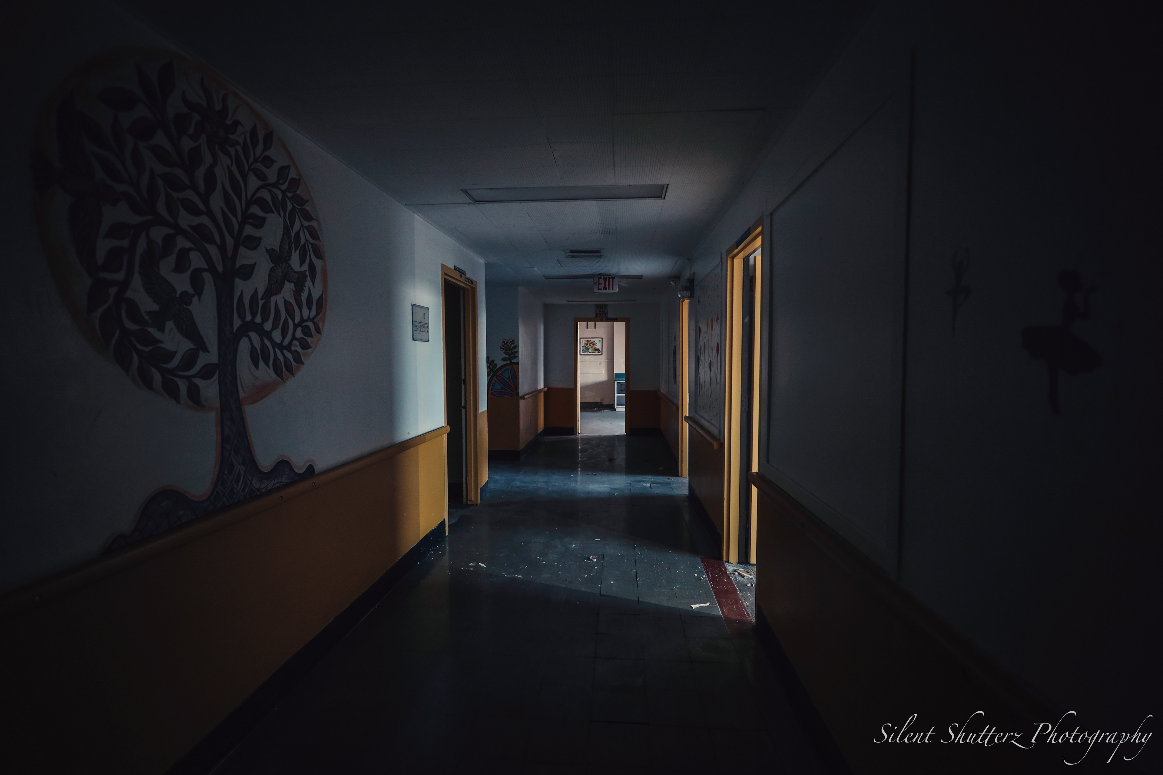 A dim-lit hallway on an upper level.
