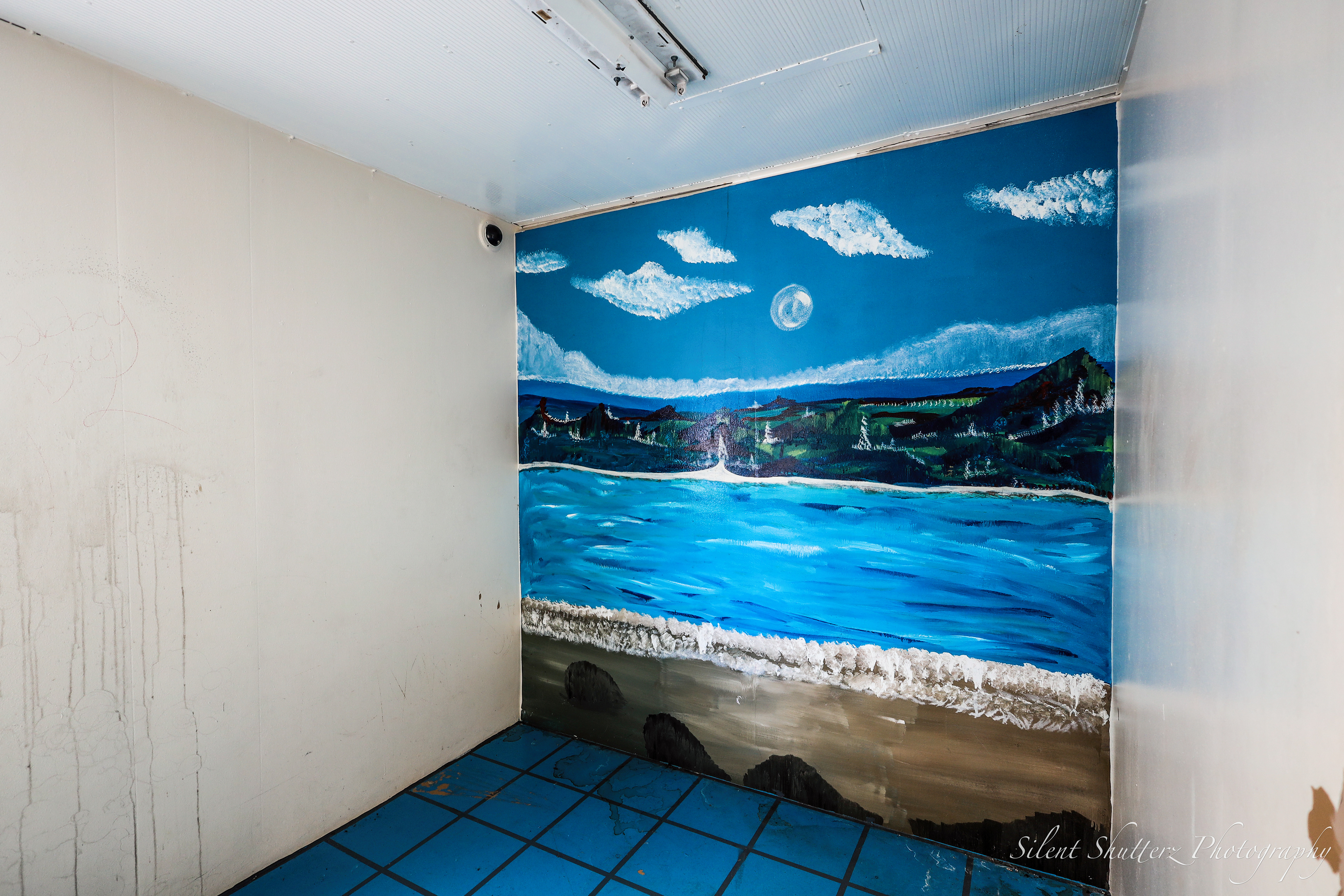 A room in the children's section that has a nice mural and a surveillance camera.