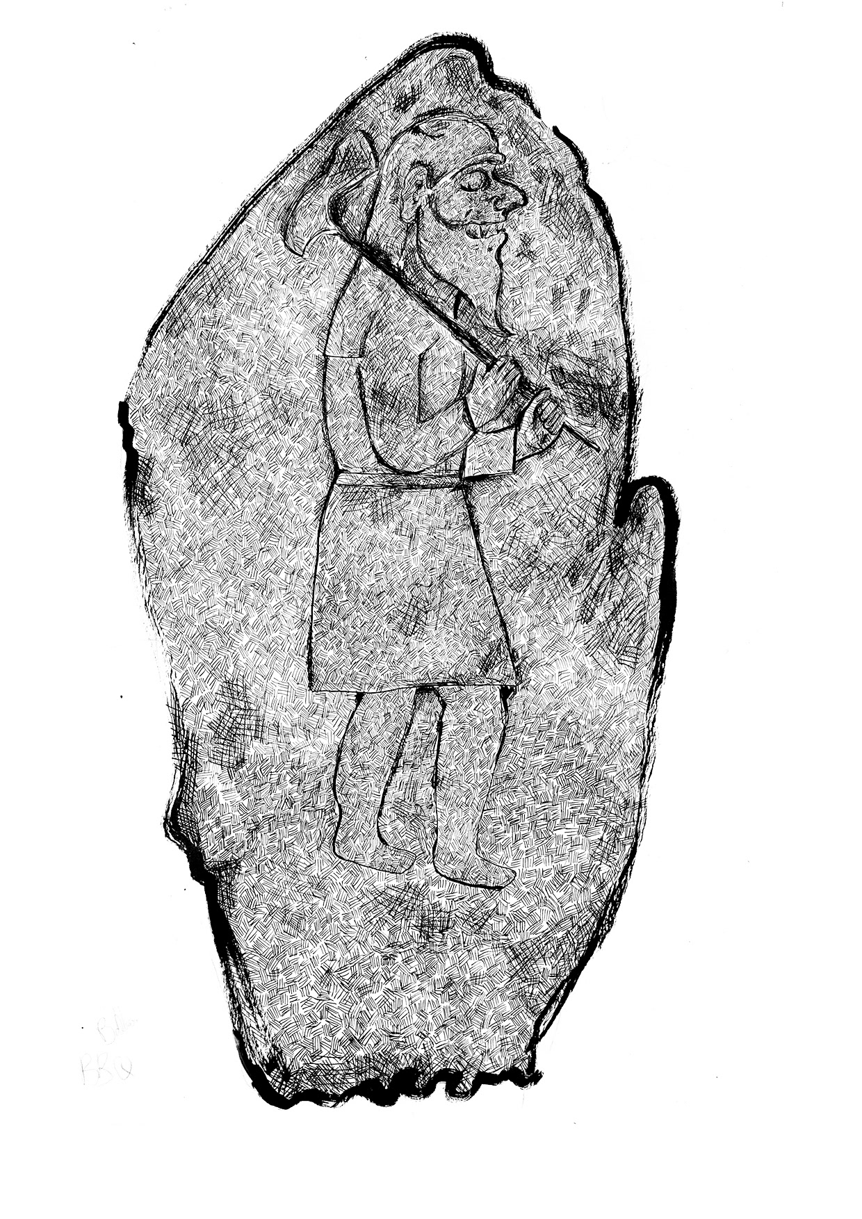 An ink illustration of the Rhynie man- a Pictish stone carving that can be found in the Aberdeenshire Council building, Woodhill house in Aberdeen.