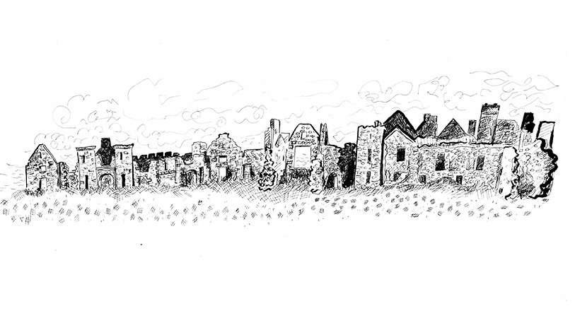 A black and white illustration sketch of Slain's Castle in Cruden Bay, Aberdeenshire. This isn't the one that Bram Stoker visited.