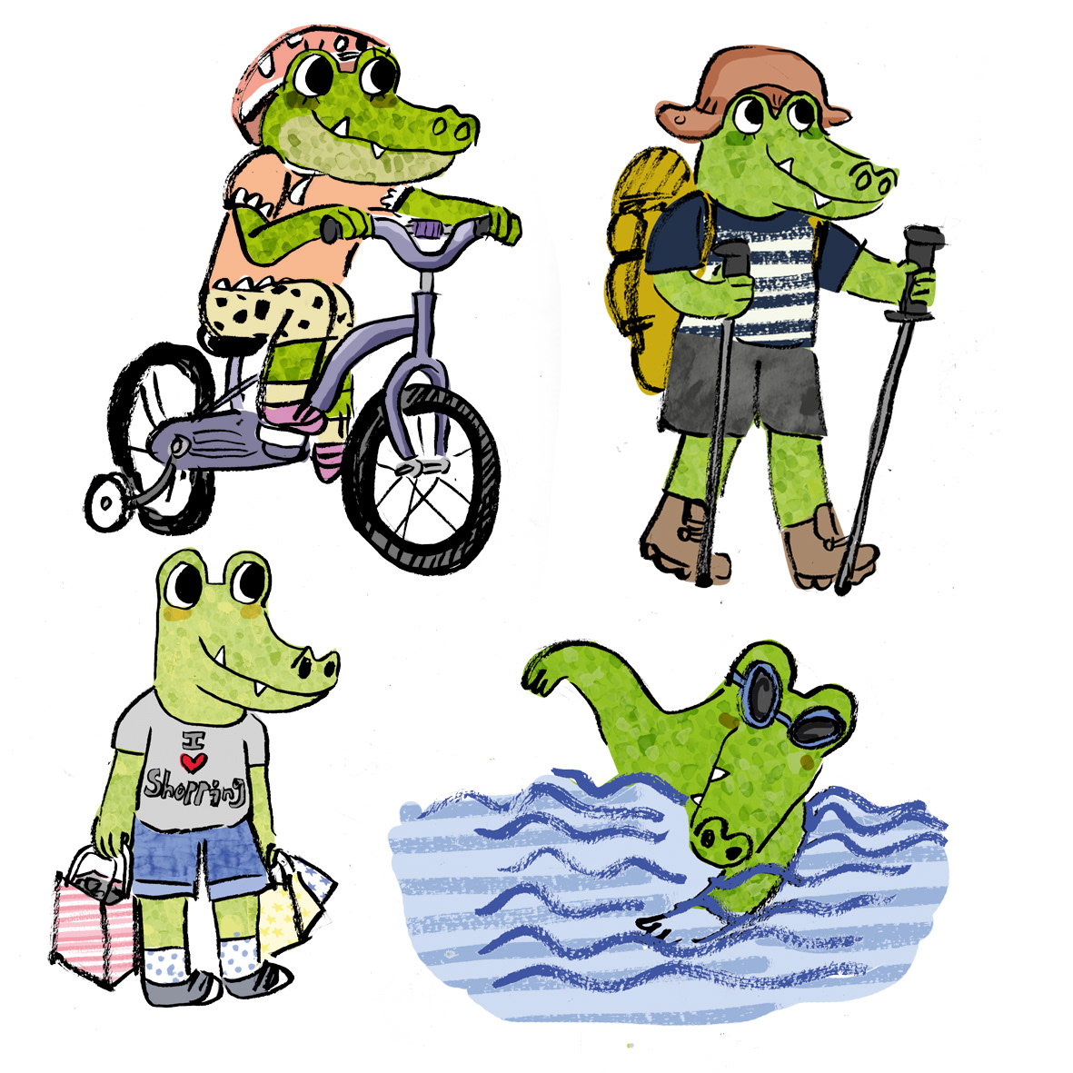 Crocodile illustrations of crocodile kids riding a bike, hiking, shopping, and swimming