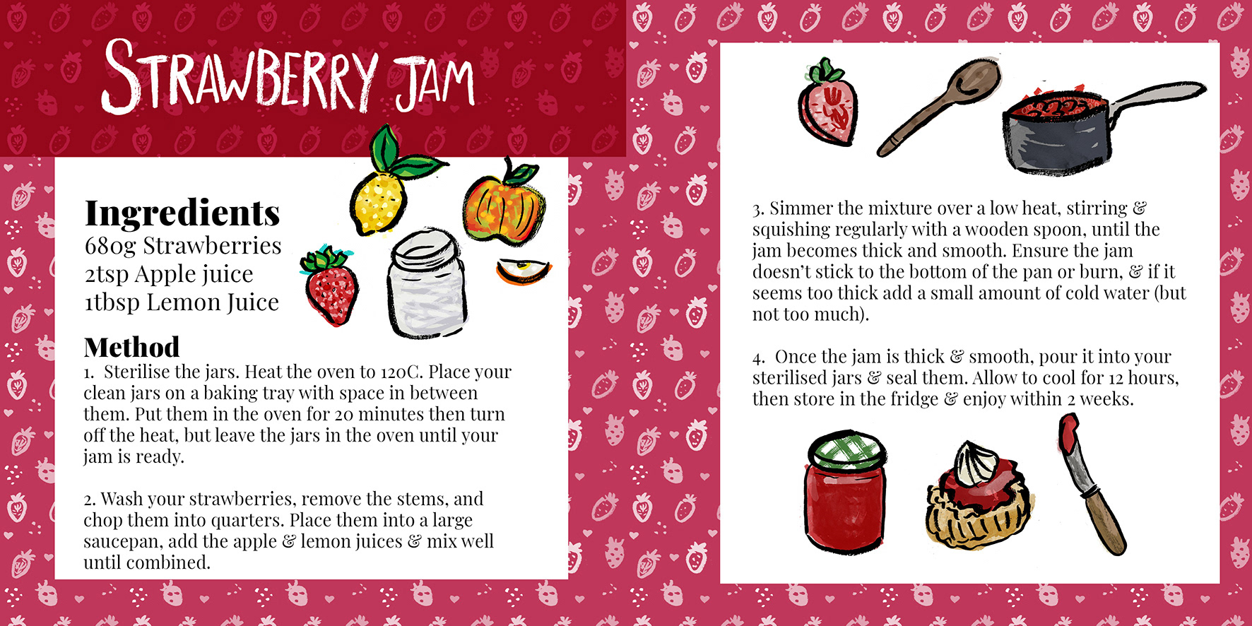 A recipe spread for strawberry Jam. Illustrations include jam jar, lemon, strawberry, apple, apple slice, wooden spoon, jam and cream scone, saucepan, and knife