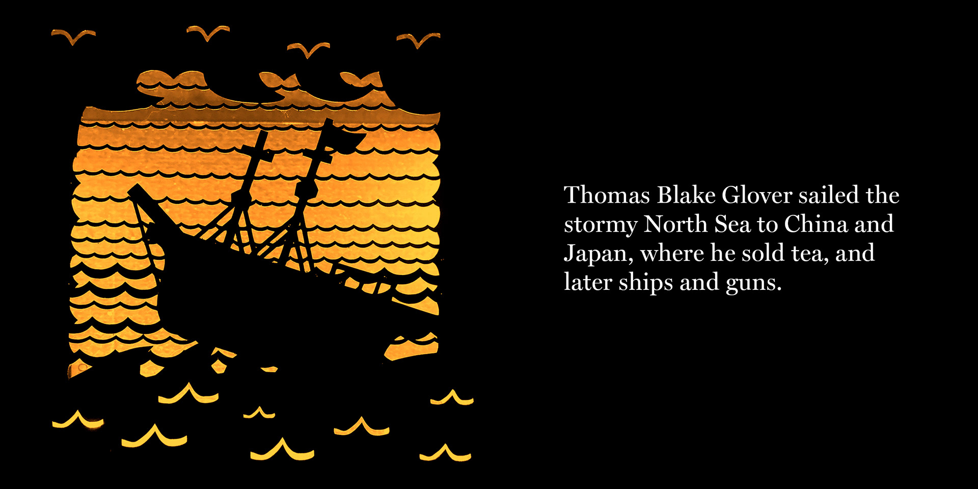 Thomas Blake Glover's ship sailing through the North Sea- silhouette shadow illustration by Aberdeen based illustrator Maddy Sutherland