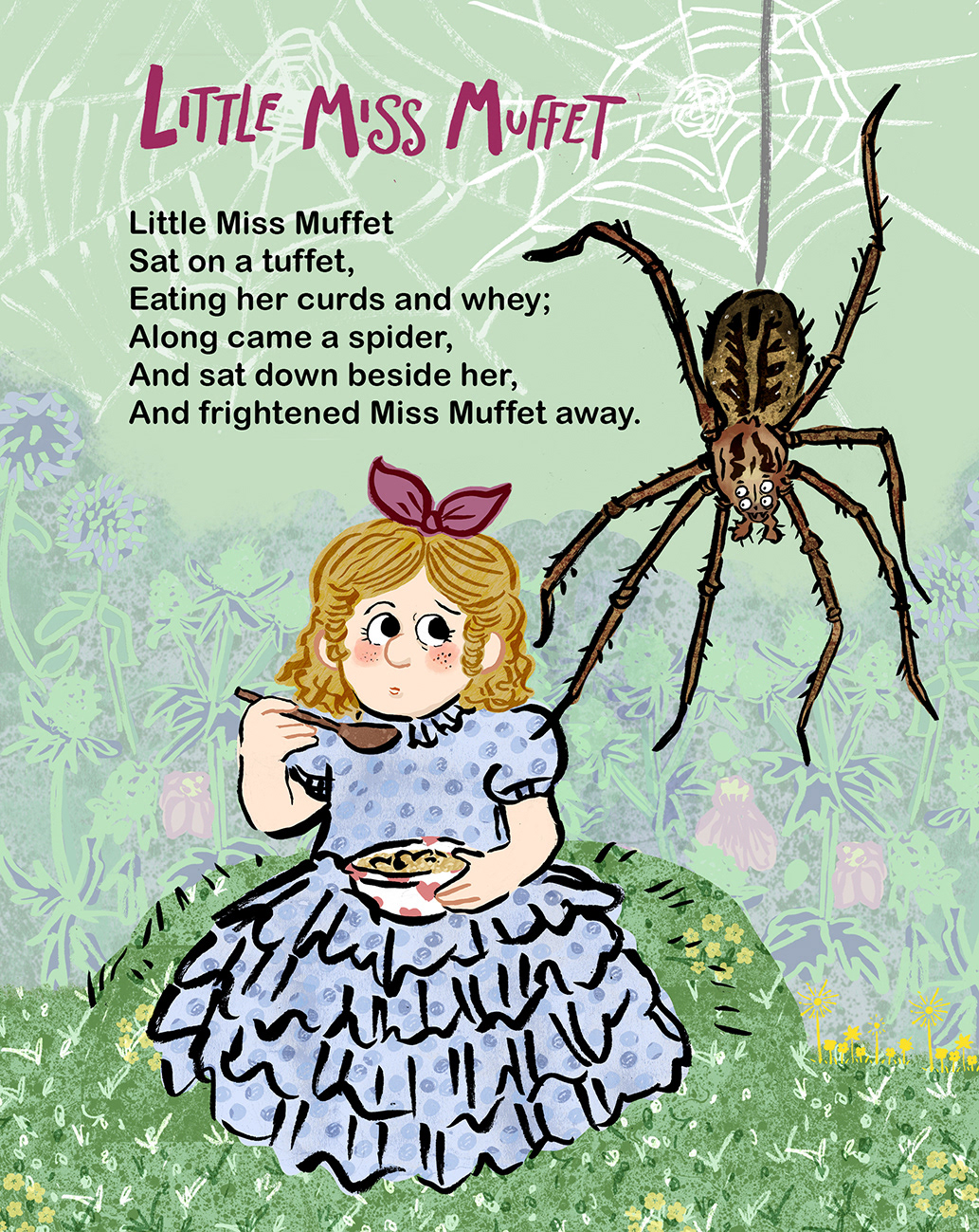 An illustrated nursery rhyme page featuring a girl in a puffy dress, eating porridge, and giving a large spider the side eye