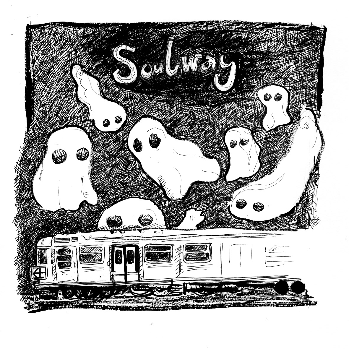 An illustration of a group of seven ghosts flying around a commuter subway train
