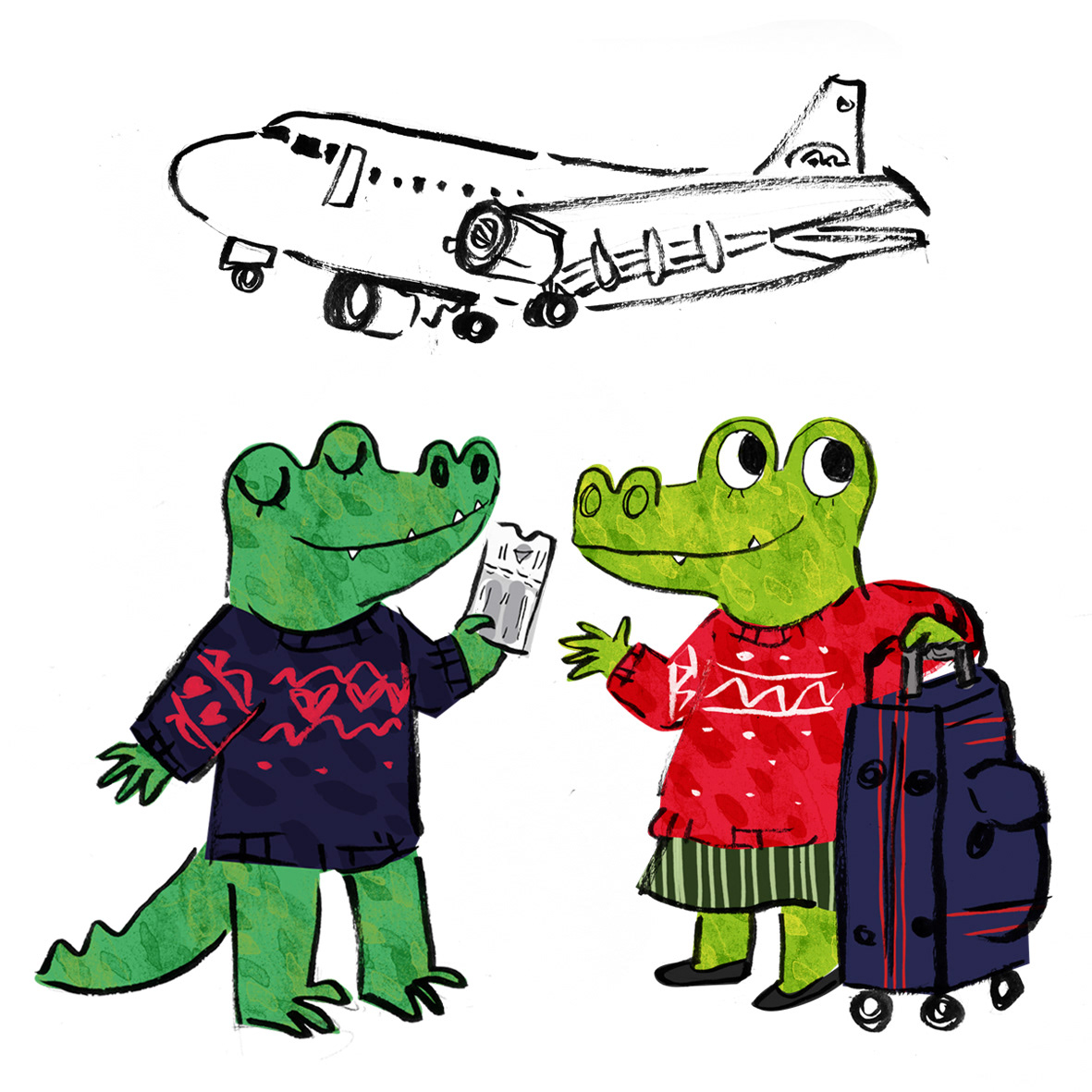 Two crocodiles ready to board a plane. There is an aeroplane in the background. One crocodile is holding a boarding pass, and the other has a suitcase.