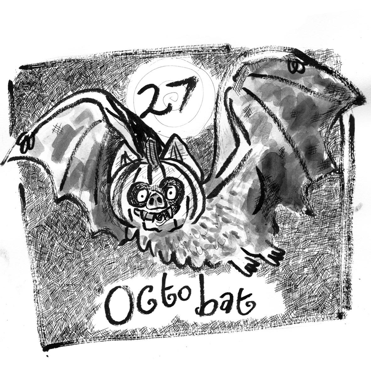 A humorous black and white ink illustration of a bat with a pumpkin on its head.
