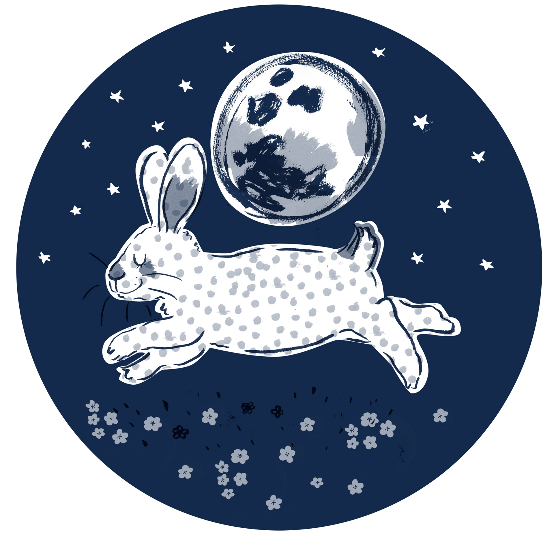 An illustration of the Chinese Zodiac Lunar Year of the rabbit. A single colour image of a rabbit hopping through the night in midnight bue.