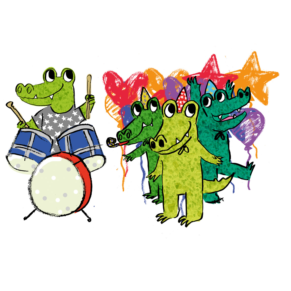 Crocodile children playing the drums and partying with their friends