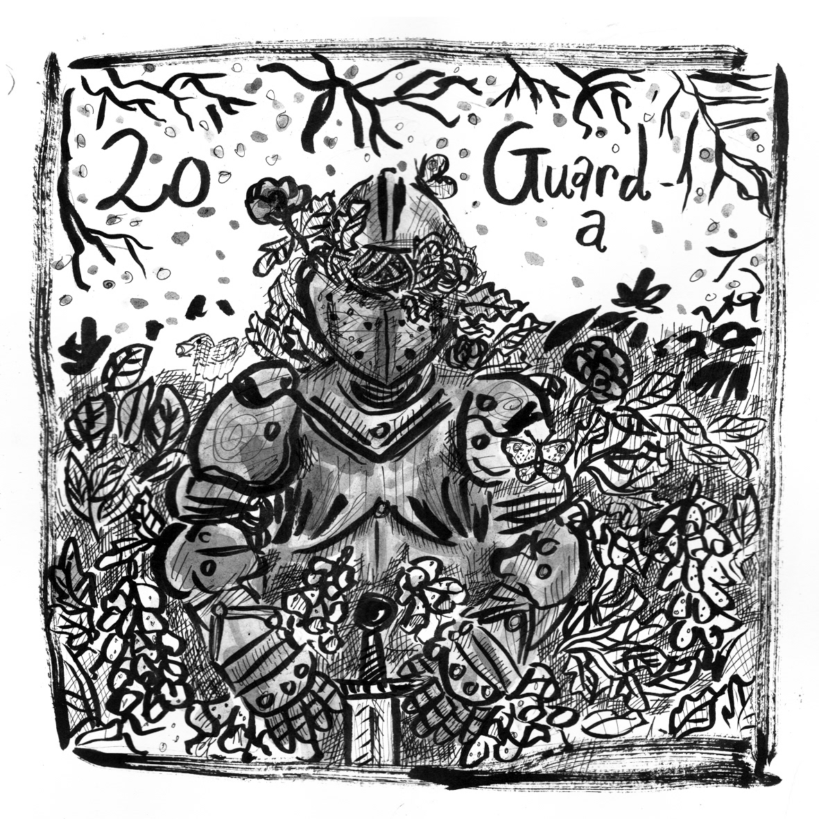 A black and white ink illustration of a suit of armour, plants are growing inside the knight.