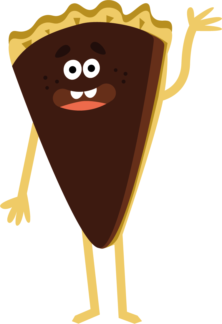 Chocolate tort pie cake bakery mascot monster looking cheerful and waving