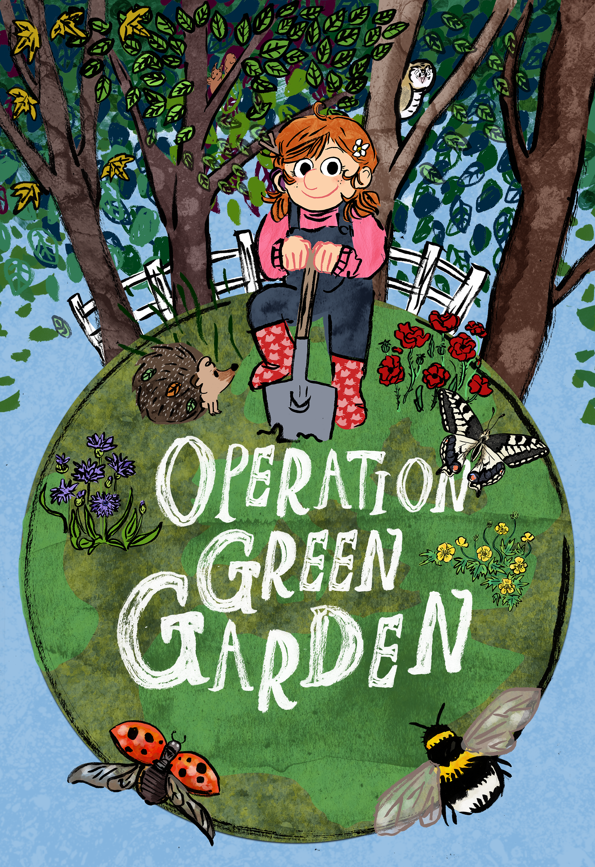 A front cover illustration of a girl digging in a garden shaped like a globe.