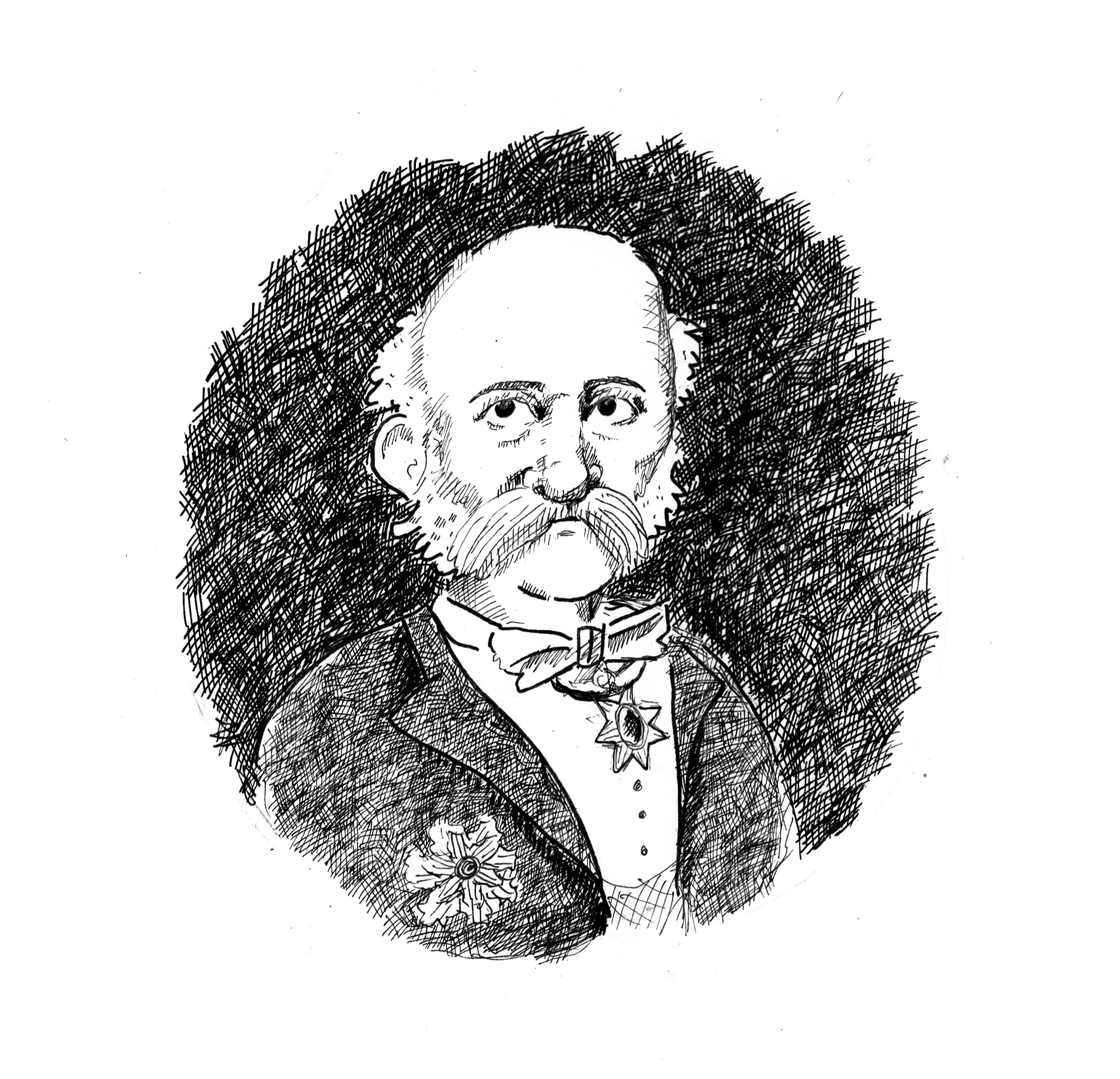 A black and white ink illustration portrait of Thomas Blake Glover, a 20th century merchant from Aberdeenshire