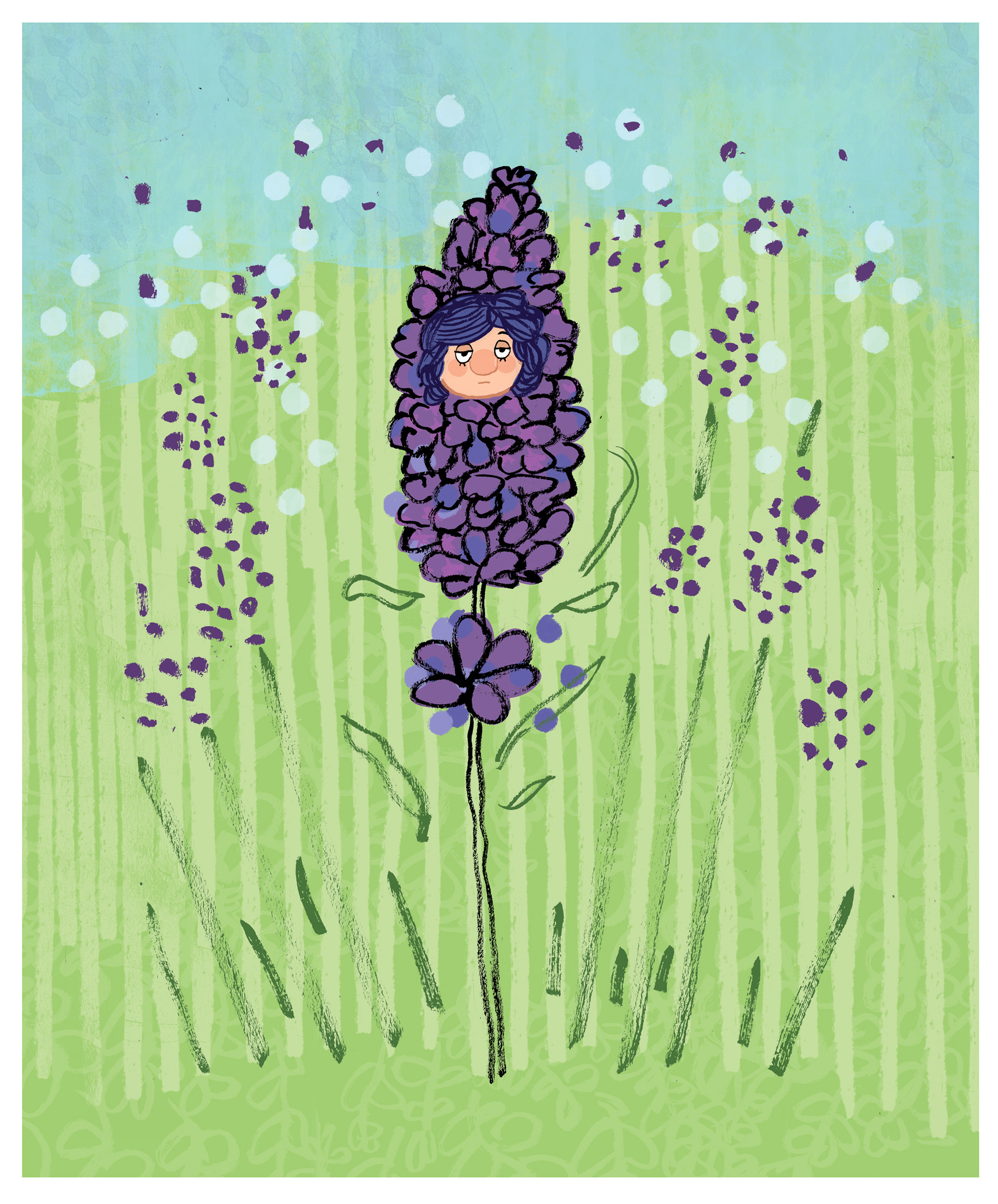A sleepy fairy girl peeping out of a  lavender bud in a field