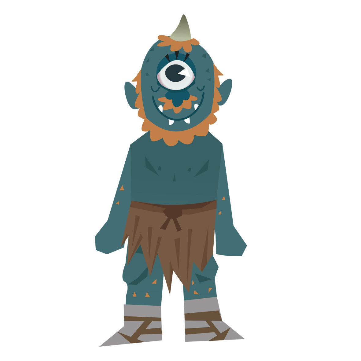 A vector illustration character design of a cyclops. This cyclops has blue skin and ginger hair, including a beard and a tuft around his horn. He also has eyelashes.