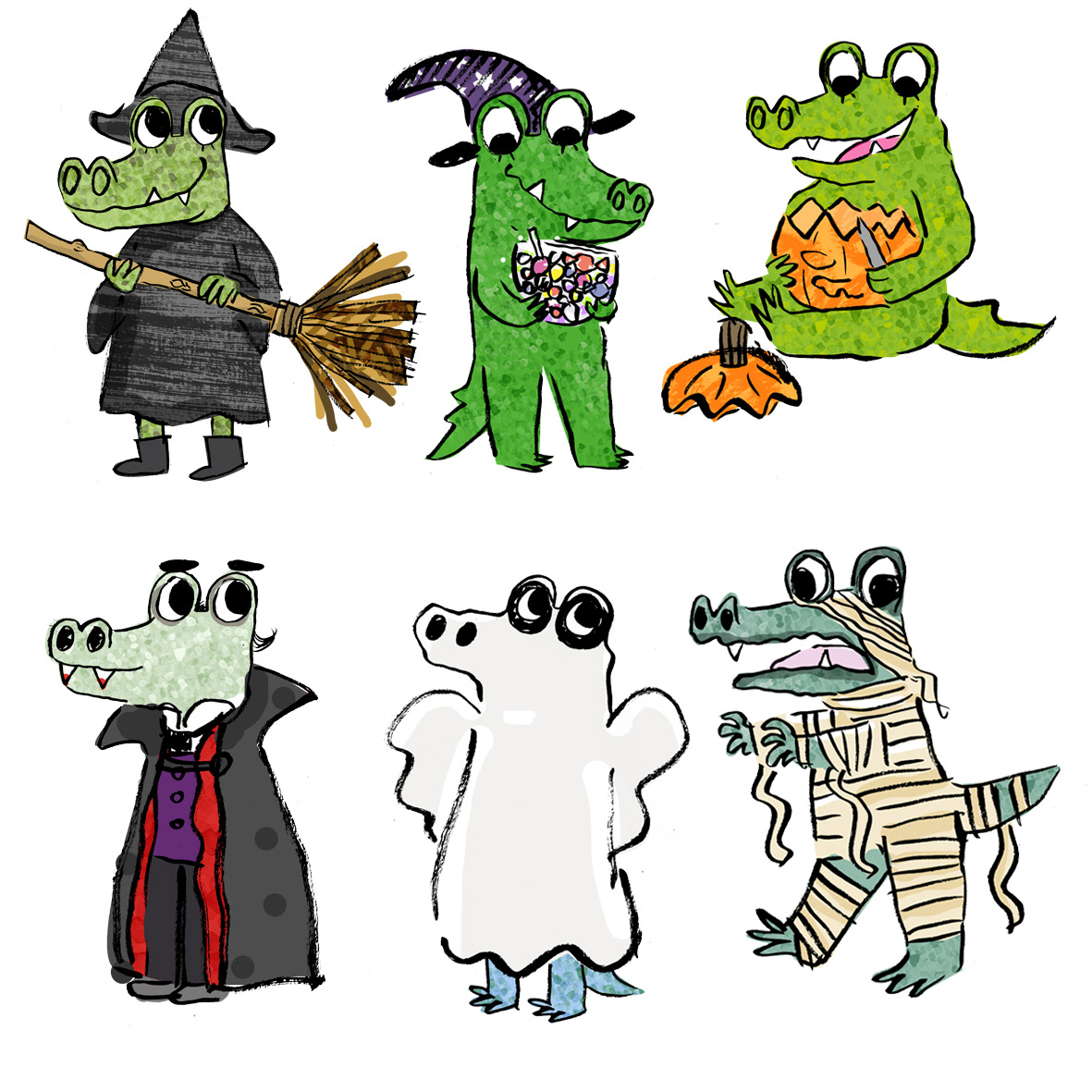 Crocodile kids playing dress up in costumes for halloween; a witch, a vampire, a ghost, and a mummy zombie. Others are eating candy and carving a pumpkin