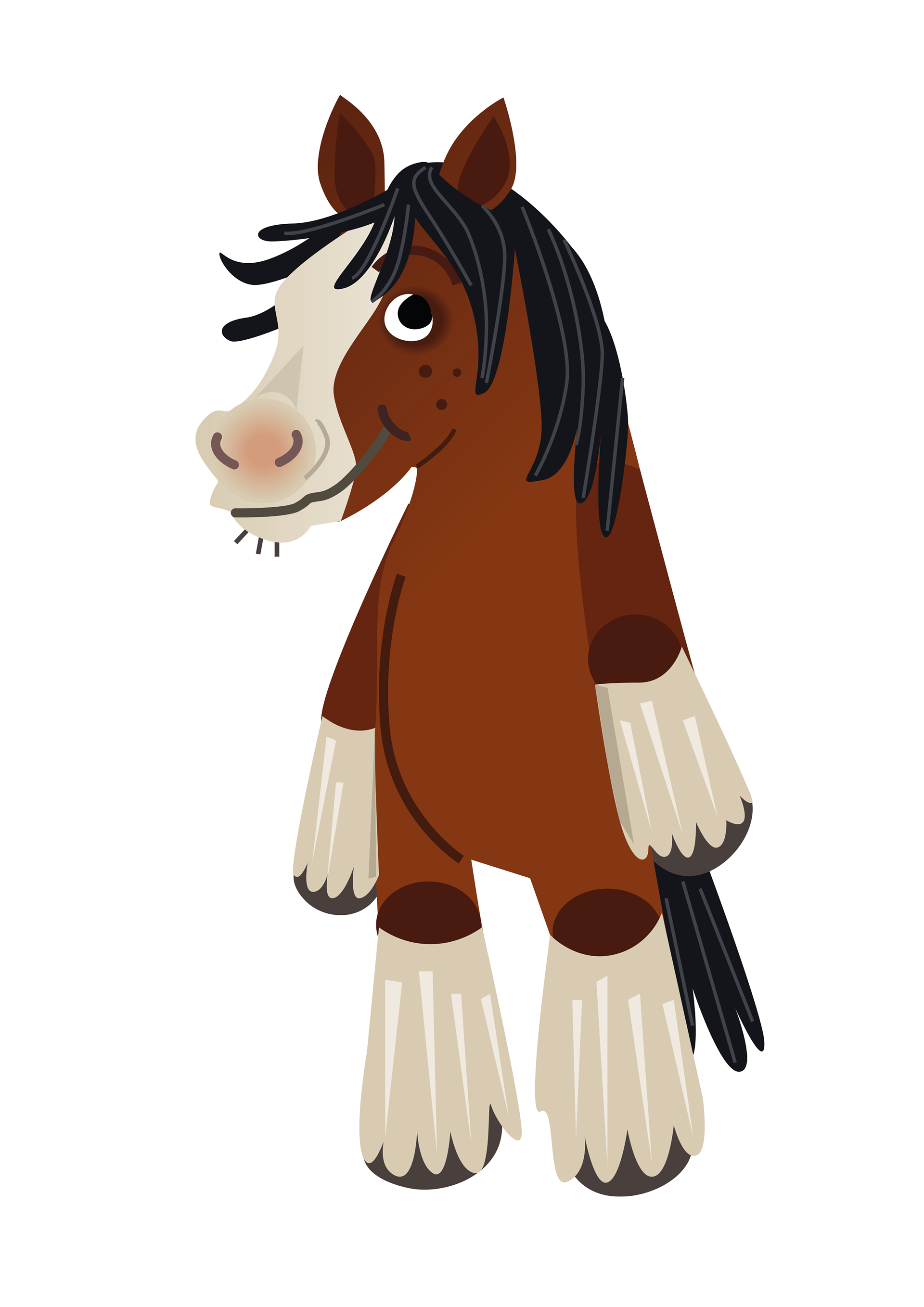 A character design of a bipedal clydesdale horse. It is smiling and looks friendly.