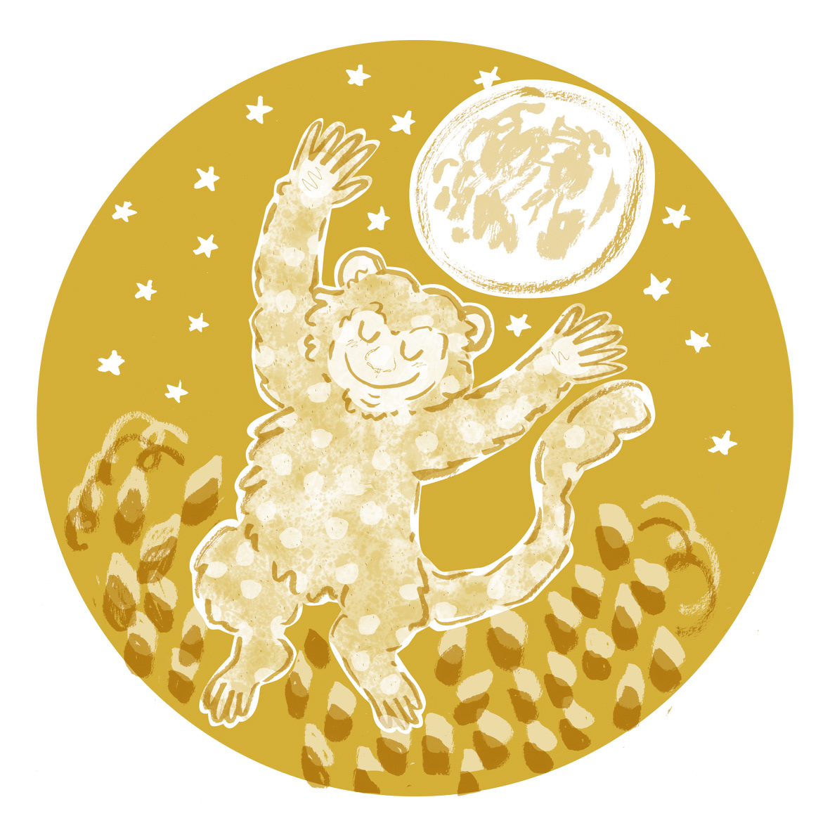 One colour illustration of the Year of the Monkey in gold